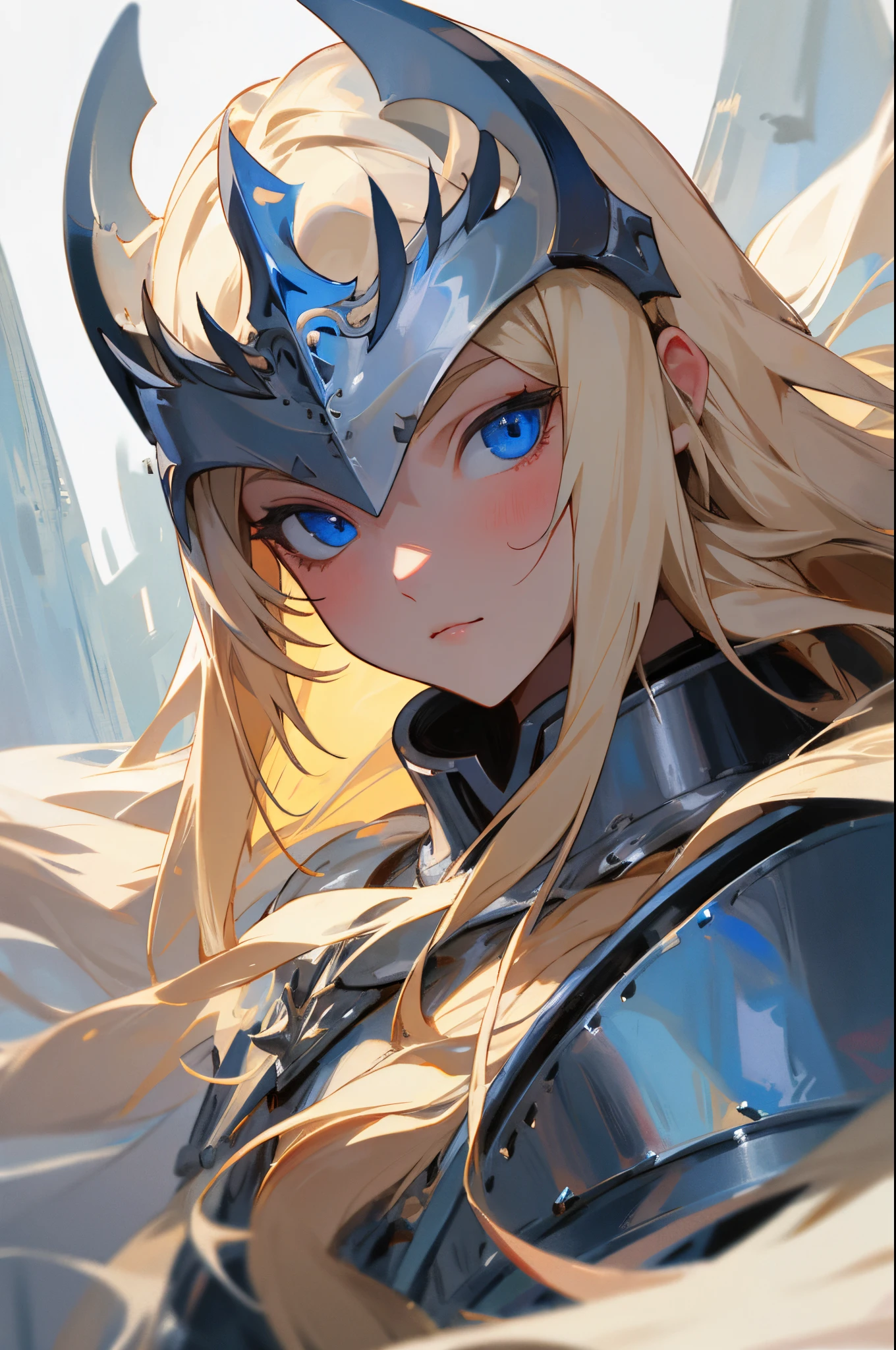1girl, long blond hair, blue eyes, knight, armor, portrait
