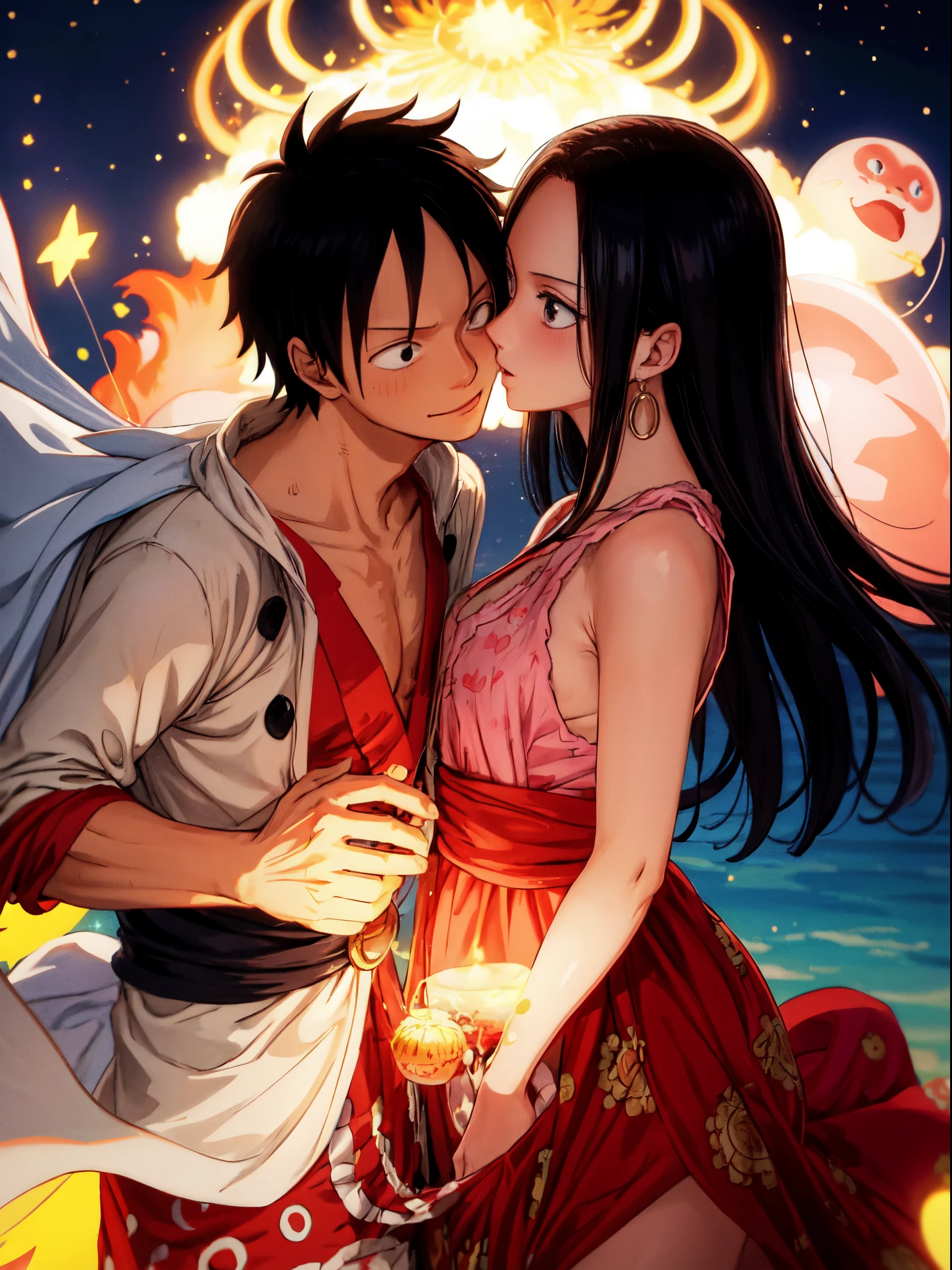 Romantic couple kissing in the wind, boy,Monkey D Luffy, High-haired girls,Boa Hancock, glowing stars,Glow effects,Heart-shaped bubbles,the night,he Ferris wheel,fire works,The face is clear and accurate,detail in face,super-fine,16K resolution,high qulity,电影灯光,High picture detail,dynamic viewing angle,Detailed pubic hair,Epic shooting,oc rendered. OnePiece
