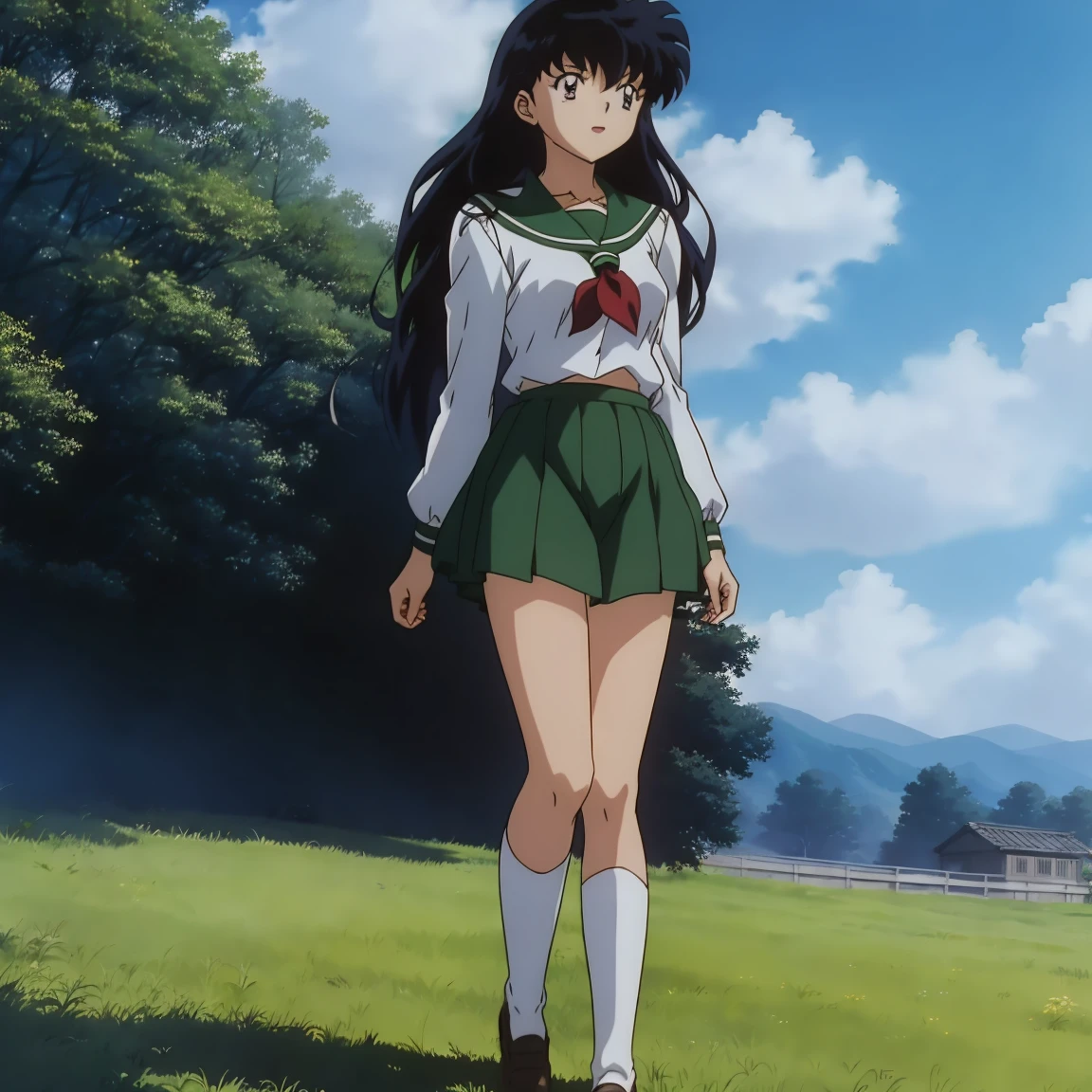 Best quality, masterpiece, ((anime)) ((colored)) HD, Kagome Higurashi, 1girl, school uniform, standing, green SKIRT, long hair, black hair between eyes, Best quality, masterpiece, HD, Kagome Higurashi, 1girl, school uniform, standing, full body, young girl, full body , ((Anime)), ((colored)), breast, smile, thighs soft, smile