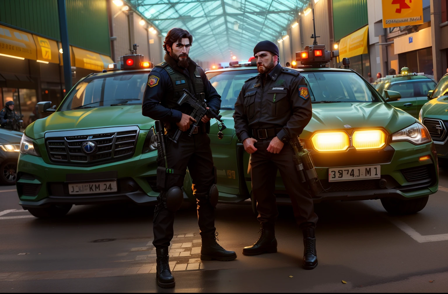 Two men of Chechen nationality, dressed in black, standing next to parked cars in the parking lot, GTA gang in Moscow, Chechens, petros and leonid, Mechanized police infantry, policeman!!, 2 Chechens, Military Police, typical russian atmosphere, Agents from the movie "The Matrix", Special Forces Protection, ernest khalimov body, with two characters, instagram post, ciberpunk))), Post on Reddit, Bodybuilder Ernest Khalimov