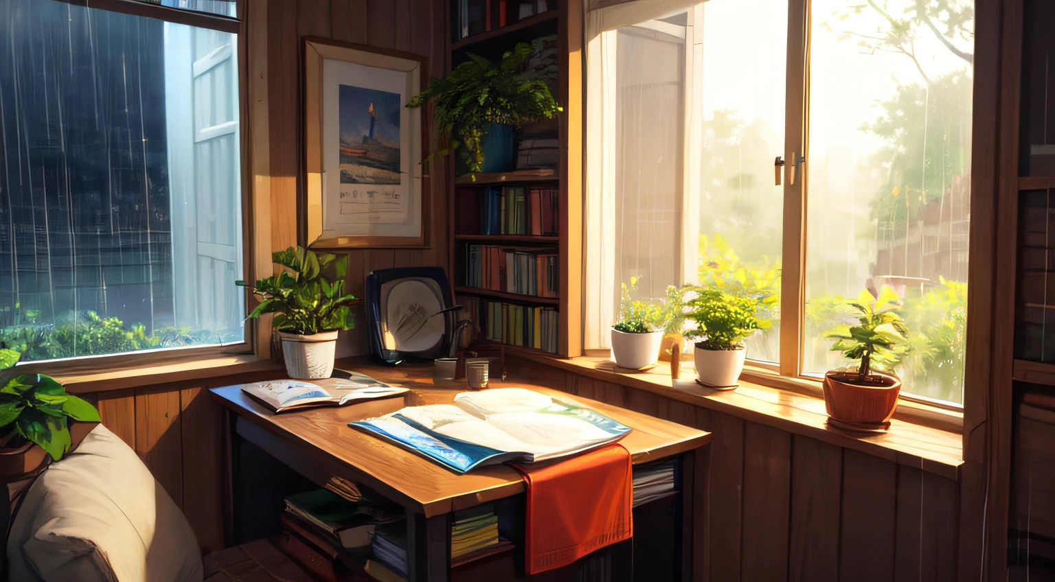 lofi girl,rainy day,study table,low light, oil painting,cozy room,soft focus,warm colors,vintage vibes,relaxing atmosphere,bookshelf,coffee mug,vinyl player,headphones,plant decor,chill vibe,soft music,window view,falling raindrops,rainy window,peaceful silence,warm sweater,candlelight,soft shadows,gentle breeze,reading corner,dreamy ambiance,studying in solitude,tranquil moment,serene mood,endless possibilities,magical rainy day.
