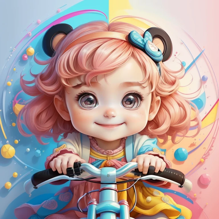 ) ((((cute baby girl with a bike smiling) ((Mikey)) - Criador: Walt Disney2023) ), ,, ( Walt Disney acolchoamento ,multidimensional geometric wall PORTRAIT, arte, Chibi,
Yang08k, lindo, Colouring,Rose
Primary works, qualidade superior, melhor qualidade, Arte Oficial, Beautiful and Aesthetic,)) ), ,,  Walt Disney acolchoamento ,multidimensional geometric wall PORTRAIT, arte, Chibi,
Yang08k, lindo, (Colouring, rosa), amarelo ,azul ,vermelho e branco)
Primary works, qualidade superior, melhor qualidade, Arte Oficial, Beautiful and Aesthetic,