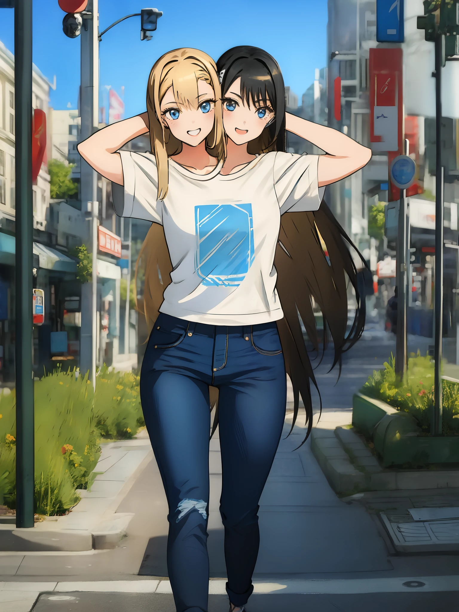 (2heads:1.7), 1girl, (Asuna), (marin), (1girl has black hair:1.3), (1girl has blonde hair:1.3) blue eyes, very long hair, t-shirt, jeans, walking, sidewalk, city, beautiful background, (masterpiece), (best quality), (absurdres), beautiful woman