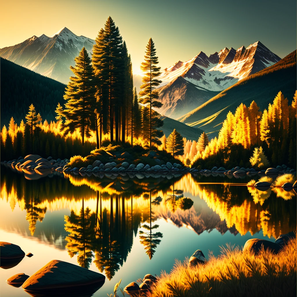 hotography, 35mm
Inspired by Ansel Adams, this captures a serene mountain lake bathed in golden-hour light, reflecting opulent greenery. A lone figure, eyes closed, meditates on a polished rock. Earthy tones dominate, evoking tranquility. The lens' depth emphasizes the solitude, blending nature's wealth and success. Soft smiles mirror inner peace. Warm, soft lighting envelops, creating a blissful, meditative atmosphere. --v 5 --stylize 1000