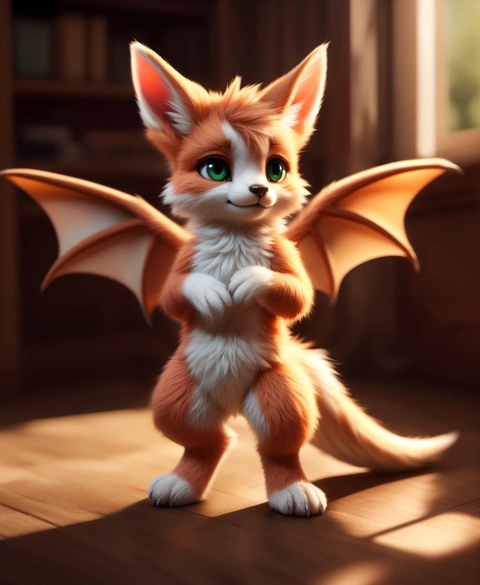 uploaded on e621, (by Lostgoose, by Silverfox5213, by Joaqun Sorolla), (kemono:1.3), fidget (elysian tail), dust: an elysian tail, solo, green eyes, membranous wings, female, ((3 toes, feet)), BREAK, ((detailed background:1.5, depth of field, half body shadow, sunlight, ambient light on the body)), (intricate:0.7), (high detail:1.3), (soft focus:1.15), (masterpiece, best quality, 4k, 2k, shaded, absurd res)