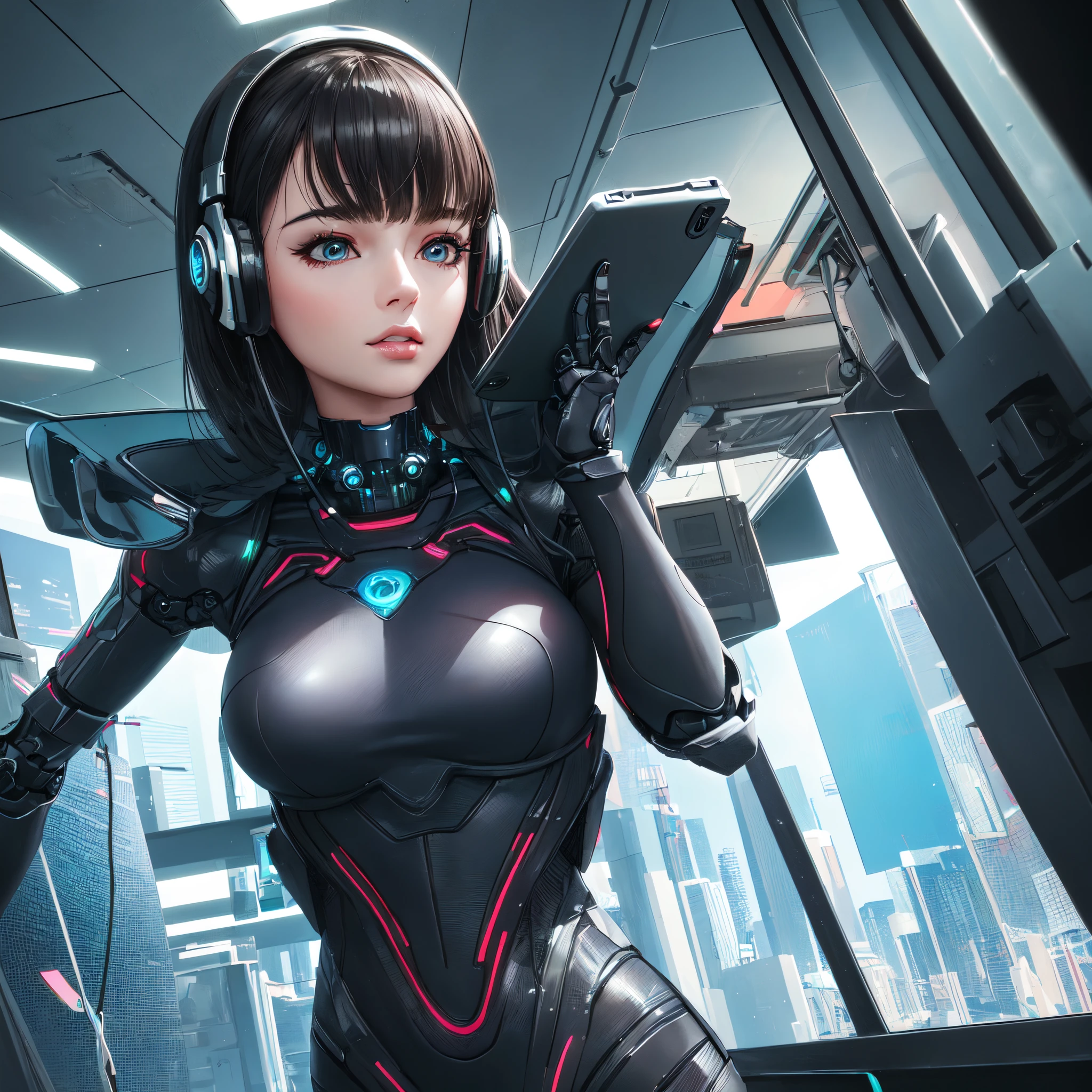 ((best quality)), ((master part)), (circunstanciado), rosto perfeito, UHD
Minimalist office background image with cyberpunk female robot looking like a human answering a phone call.