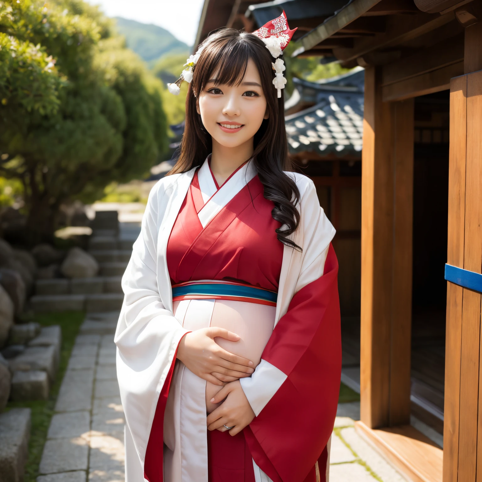 ((top-quality、masutepiece、8K、Top image quality))、A beautiful shrine maiden、shrine maiden&#39;s white coat、Chihaya the Shrine Maiden、Shrine maiden&#39;s red hakama、Pregnancy、(Miko&#39;s upper body shot:1.2)、View me、Biggest smile、The background is a majestic and luxurious shrine、The majestic and luxurious exterior of a real shrine、A gorgeous authentic shrine with Niwa lacquerware