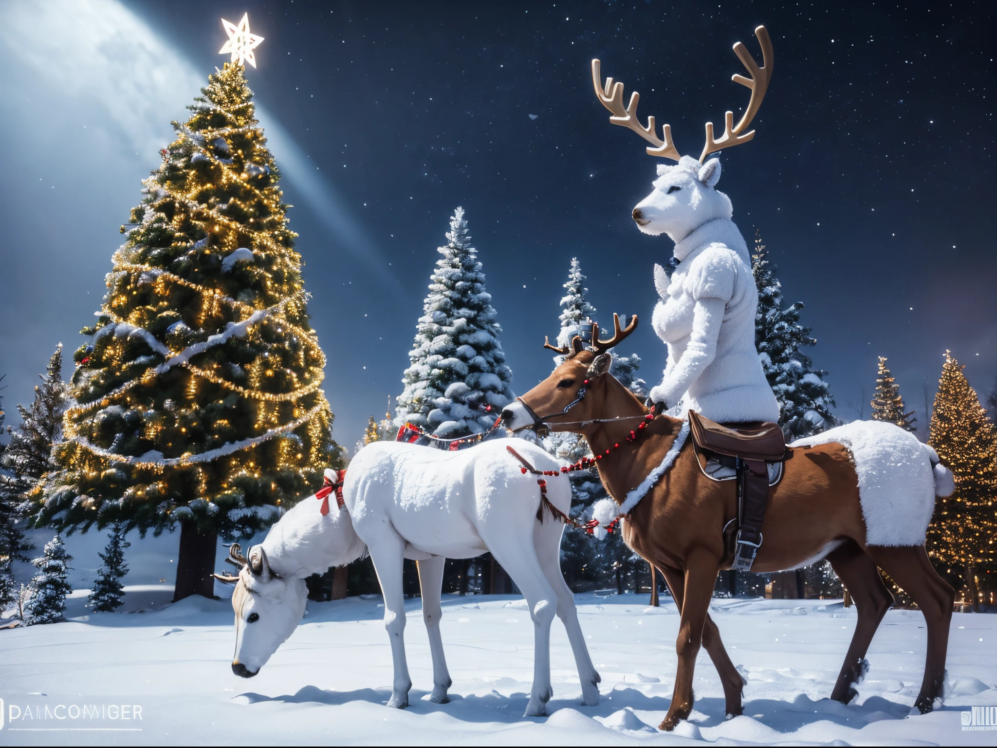 Envision a festive scene where robotic reindeer graze on binary code grass, and holographic snowflakes fall gently on a cybernetic Christmas tree. enormous tits