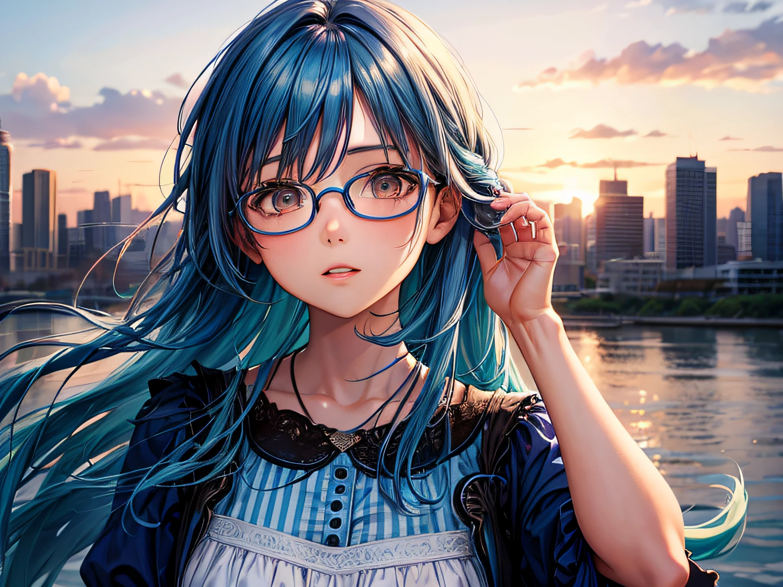 cabelos azuis, 1girl, retrato, vestir, cidade costeira, glasses, olhos castanhos