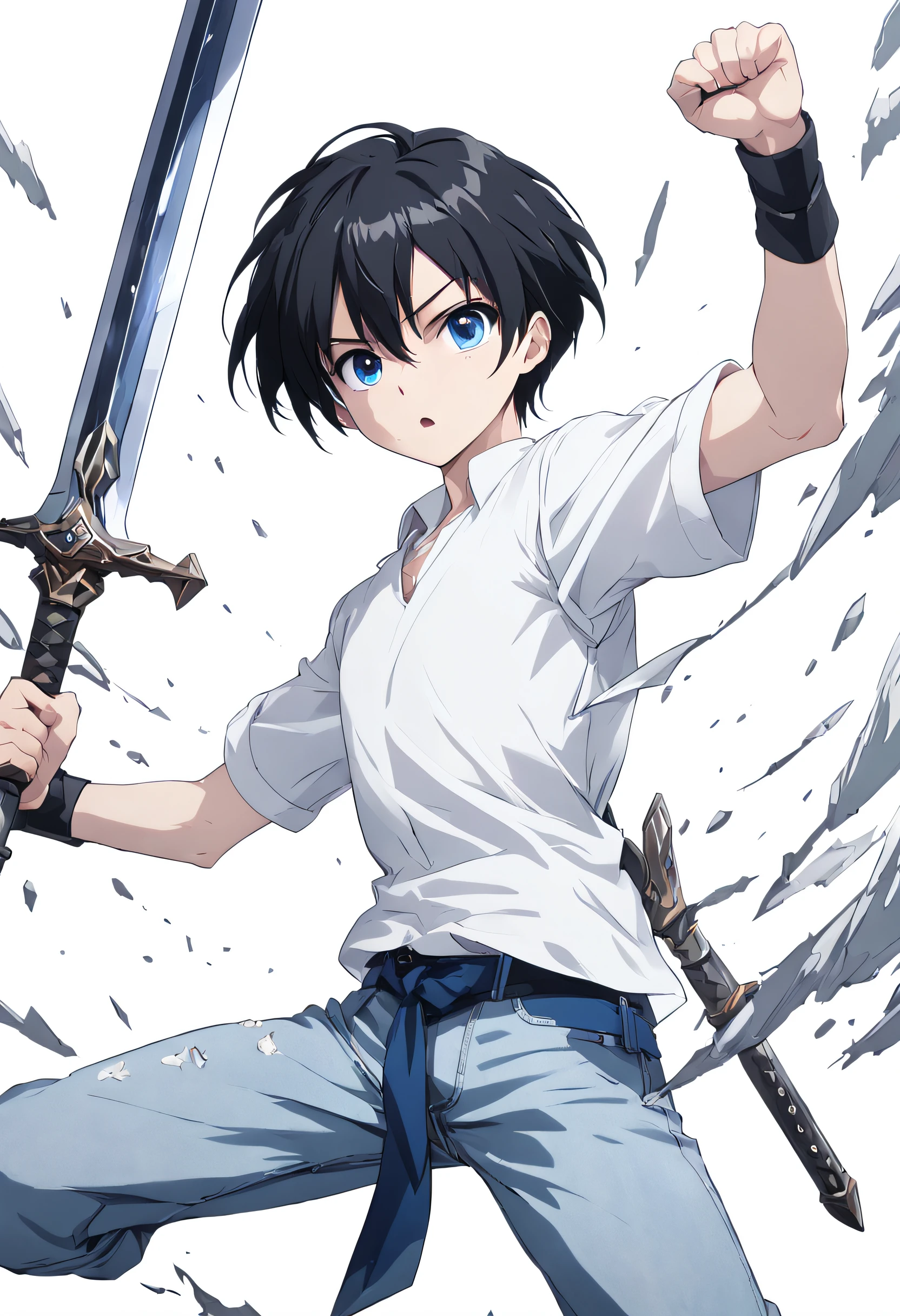 a cinematic still from an anime movie, 1boy, short black hair, blue eyes, well-defined and slightly arched eyebrows wearing plain white shirt, denim pants, detailed face, looks shocked, side standing pose, hands to the front, holding great sword, white background, high res, ultra sharp, 8K, master piece.