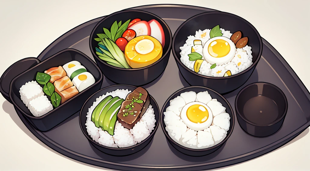 On a blank background Create an image of a Japanese Prison style bento box with a black outline. The bento box should be simple and utilitarian, reflecting the minimalistic and functional approach typical in a prison setting. The box itself is made of stainless steel, with a sleek and no-frills design. It contains neatly arranged, traditional Japanese food items, but they should look less appealing than a typical bento, with muted colors and a more austere presentation. Include items like plain rice, a small piece of grilled fish, pickled vegetables, and a boiled egg, all arranged in a straightforward and orderly manner. The background should be a plain table, emphasizing the stark and unadorned nature of the bento. The overall feel of the image should convey simplicity, functionality, and the sober reality of prison life in Japan