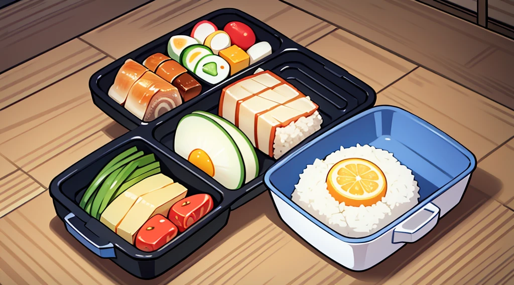 On a blank background Create an image of a Japanese Prison style bento box with a black outline. The bento box should be simple and utilitarian, reflecting the minimalistic and functional approach typical in a prison setting. The box itself is made of stainless steel, with a sleek and no-frills design. It contains neatly arranged, traditional Japanese food items, but they should look less appealing than a typical bento, with muted colors and a more austere presentation. Include items like plain rice, a small piece of grilled fish, pickled vegetables, and a boiled egg, all arranged in a straightforward and orderly manner. The background should be a plain table, emphasizing the stark and unadorned nature of the bento. The overall feel of the image should convey simplicity, functionality, and the sober reality of prison life in Japan