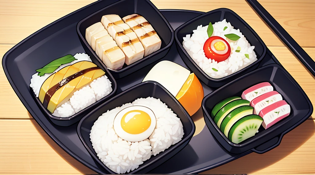On a blank background Create an image of a Japanese Prison style bento box with a black outline. The bento box should be simple and utilitarian, reflecting the minimalistic and functional approach typical in a prison setting. The box itself is made of stainless steel, with a sleek and no-frills design. It contains neatly arranged, traditional Japanese food items, but they should look less appealing than a typical bento, with muted colors and a more austere presentation. Include items like plain rice, a small piece of grilled fish, pickled vegetables, and a boiled egg, all arranged in a straightforward and orderly manner. The background should be a plain table, emphasizing the stark and unadorned nature of the bento. The overall feel of the image should convey simplicity, functionality, and the sober reality of prison life in Japan