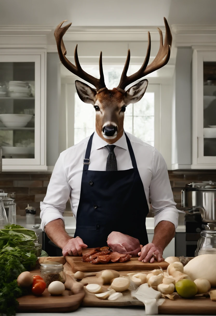 A photo of Greg attempting to cook a complicated recipe, surrounded by a mess of ingredients and kitchen utensils,Succession TV series,Cousin Greg from “Succession,” often resembling a deer caught in the corporate headlights, towers awkwardly above everyone else, his lanky frame perpetually hunched in a futile attempt to blend in. His wardrobe screams ‘I just googled how to dress like a businessman,’ with suits always looking like he borrowed them from someone two sizes bigger. , male