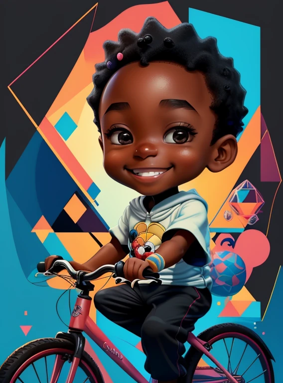 ) ((((cute black baby boy with a bike smiling) ((Mikey)) - Criador: Walt Disney2023) ), ,, ( Walt Disney acolchoamento ,multidimensional geometric wall PORTRAIT, arte, Chibi,
Yang08k, lindo, Colouring,Rose
Primary works, qualidade superior, melhor qualidade, Arte Oficial, Beautiful and Aesthetic,)) ), ,,  Walt Disney acolchoamento ,multidimensional geometric wall PORTRAIT, arte, Chibi,
Yang08k, lindo, (Colouring, rosa), amarelo ,azul ,vermelho e branco)
Primary works, qualidade superior, melhor qualidade, Arte Oficial, Beautiful and Aesthetic,