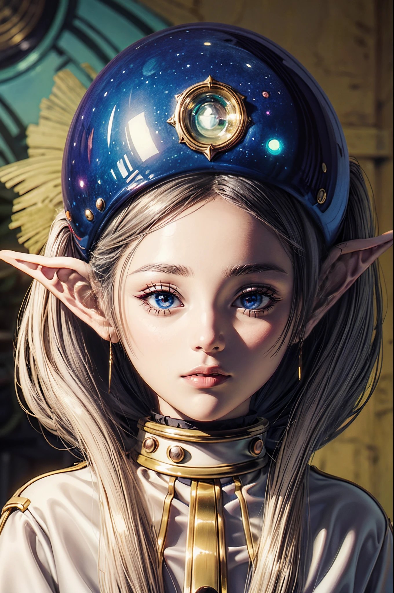 Frieren Elf in Fanatasy land, shell of wonder, planetary dreamscape, (cosmic enchantment), surreal artistry, vibrant and alien palette",frieren,Cowboyshot