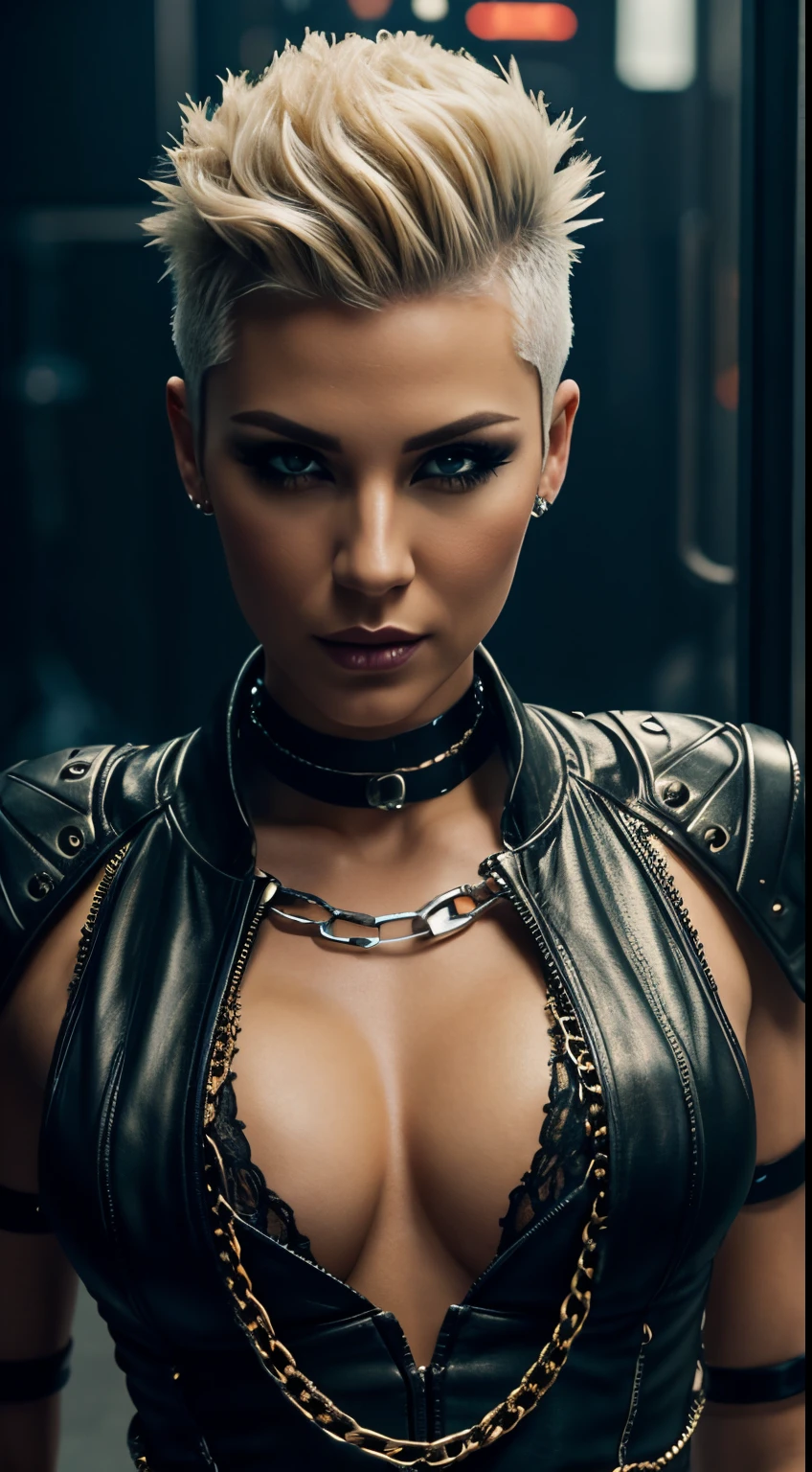 Beautiful, Firm, front view, intricate details, short mohawk blond , glamour , 35 years old, front view, low pov, dark makeup, open pose, cyber punk, chains