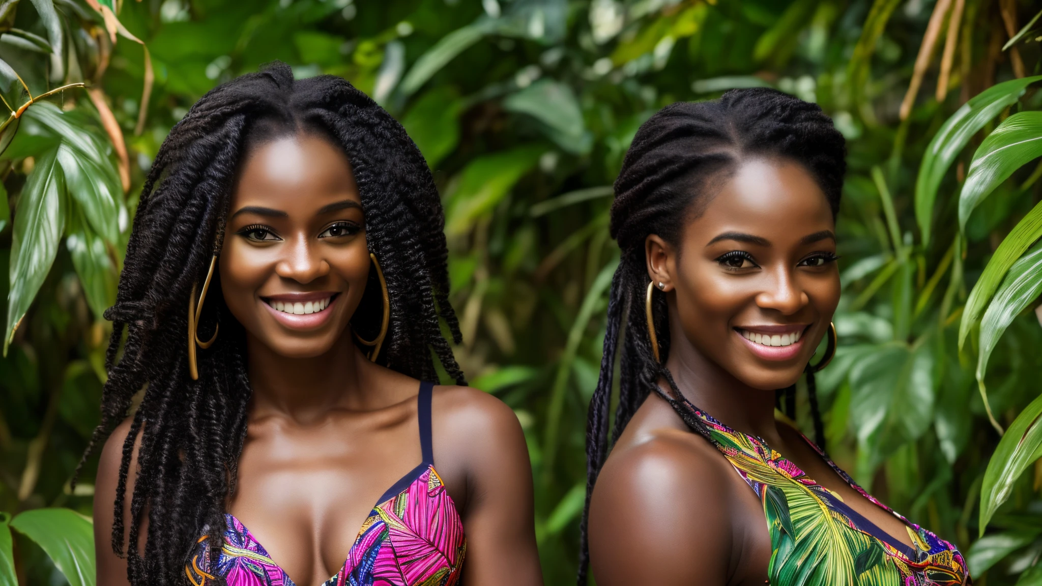 (best quality,4k,8k,highres,masterpiece:1.2),ultra-detailed,realistic,portrait,beautiful,detailed,smiling,african woman,amazon,tarzan clothing,vibrant colors,shady lighting,lush vegetation,exotic birds