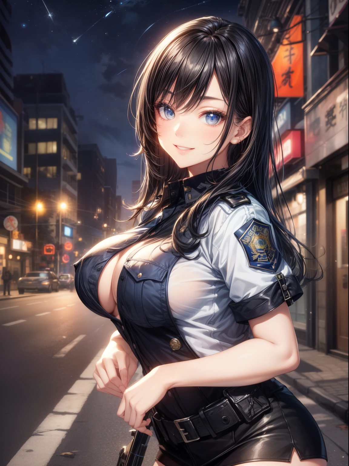 top-quality、Full limbs、complete fingers、Slender beauty、straight haired、(Black hair)、Long、(Beautiful Large Breasts:1.3)、Female police officer、blue miniskirt police outfit、Naughty Poses、Street trees at night、A big smile、pistols、wink