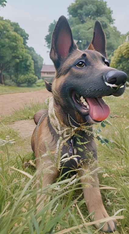 There is a dog that is lying on the grass with its mouth open, um bonito, alsatian, looking away from camera, meio tiro de um hunky, Looking away from the camera, muito bonito, 2 anos, extremamente bonito, retrato ampliado de um duque, foto modo retrato, feliz com a boca aberta, Directed by: Robert Zünd