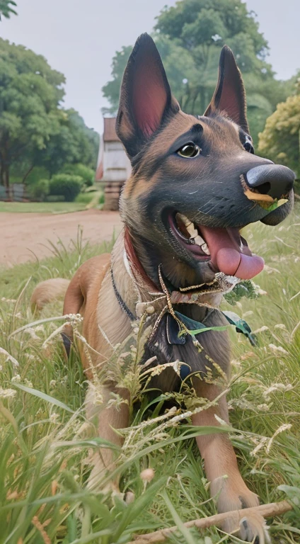 There is a dog that is lying on the grass with its mouth open, um bonito, alsatian, looking away from camera, meio tiro de um hunky, Looking away from the camera, muito bonito, 2 anos, extremamente bonito, retrato ampliado de um duque, foto modo retrato, feliz com a boca aberta, Directed by: Robert Zünd