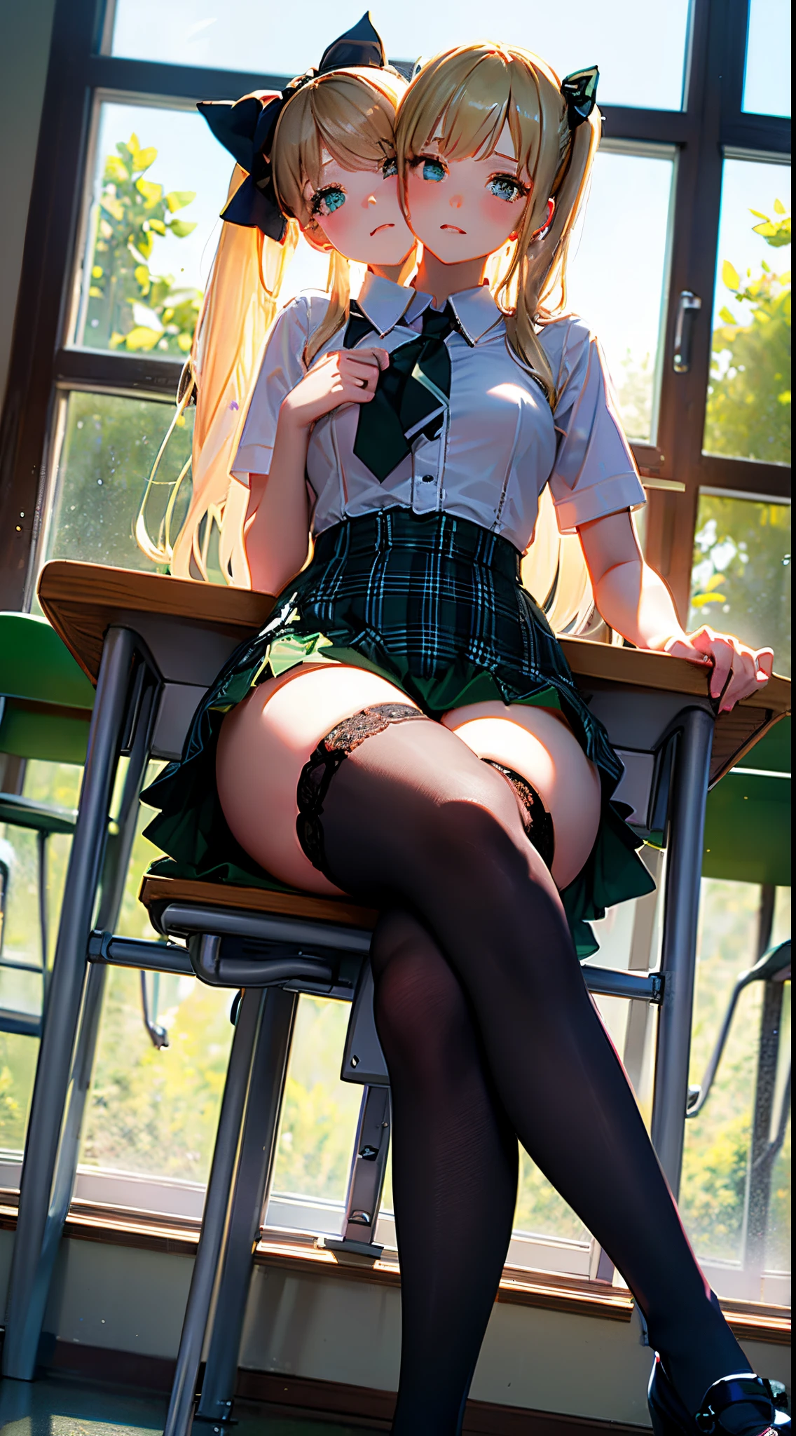 (masterpiece, best quality), best resolution, (2heads:1.4), classroom. 1girl, Dark blonde long hair, loose hair, side ponytail with black bow, white shirt, pink tie, Black corset, green plaid miniskirt, white overknee socks, black girly shoes, legs crossed, looking through a window, sitting in a school chair with a desk, daydreaming,