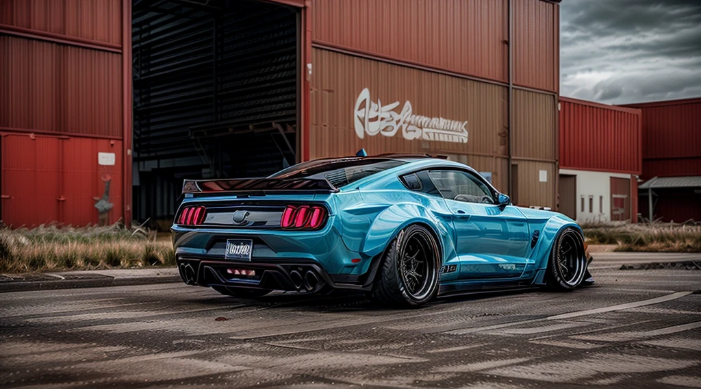 (Ford mustang GT500)Supercar concept art((pink, electric blue, black paintwork)), (((rear wing spoiler))), jonsibal design works, hycode and liberty walk (ultra wide carbon fibre body kit), creatively inspired by race games like Forza horizon, gran Turismo and Asphalt 9: legends visual aesthetic, foreboding colours, trending on hodoor, cars coops, moparinsider, and artstation, cgsociety, custom design build, cinematic composition, HDR studio light, highly detailed, urban night light LUT colour overlay, cyberpunk game style automobiles, ((funky colours)), industrial warehouse background, sleek yet industrial, shipping yard background, 3ds max, corona render, sharp, focus, menacing look, large rear spoiler, high performance enhanced exhaust system, ((liberty walk body kit)); photo realistic, insanely detailed, ray tracing, subsurface scattering 8k, ((parked in an abandoned warehouse, derelict and lifeless space)), directional lighting, hazy and atmospheric, ominous, stealth built, highly detailed racing interior,(a collaboration by fictional sc-fi companies Wallace Corporation, cyberdine systems, RDA and hanka robotics),