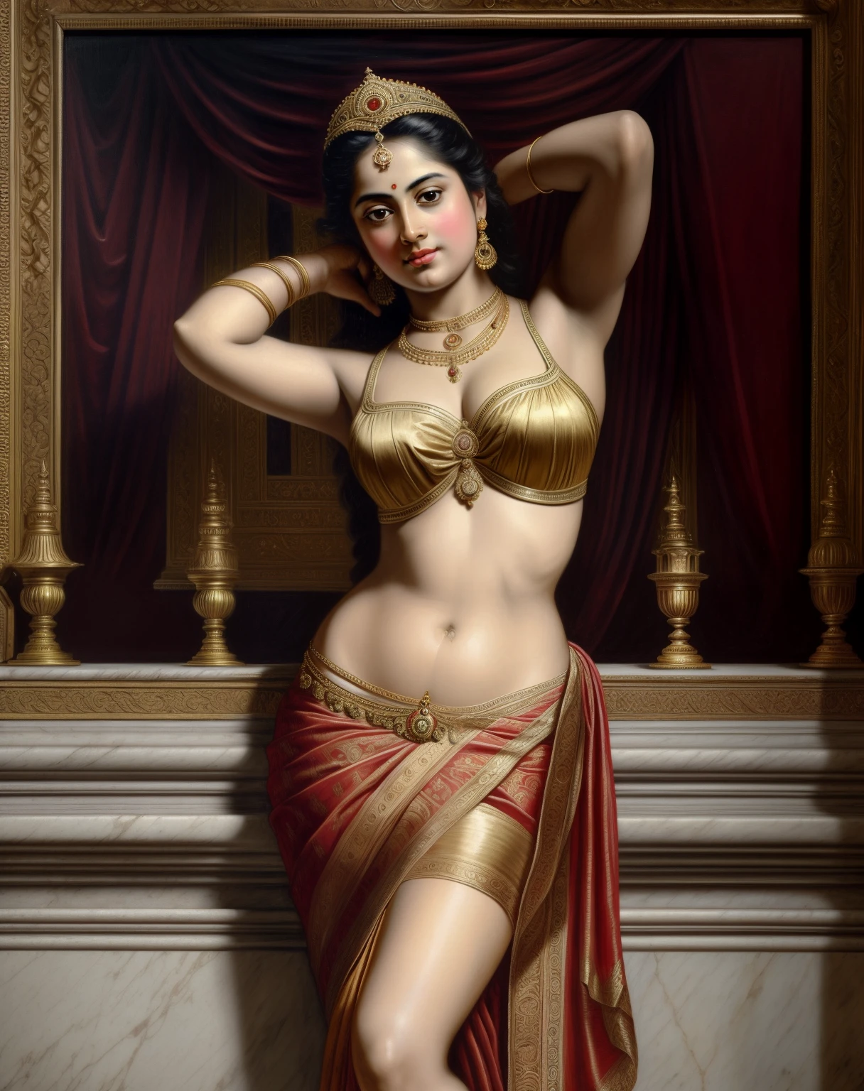 Beautiful Indian Woman, wearing saree, sari Beauty, gorgeous, Apsara, Maharani, royal queen woman, nymph from Hindu Mythology, Urvashi, matchless beauty, Highly detailed, Oil Painting by Peter Paul Rubens inspired by Raja Ravi Varma, Matchless beauty, captivating, gorgeous, heavenly beauty, celestial beauty, by Peter Paul Rubens, 1893, realistic, hyper realistic, micro details, incredible artwork, insane details, ultra High resolution, 8k, 32k,  acrylic on canvas, intricate, flawless, detailed, detailed face, detailed eyes, masterpiece, by Peter Paul Rubens, by Caravaggio, by William Adolphe bouguereau, perfect face, perfect body, beautiful art, realism, baroque, renaissance Art, highly textured, beautiful and detailed eyes, uhd, best quality,