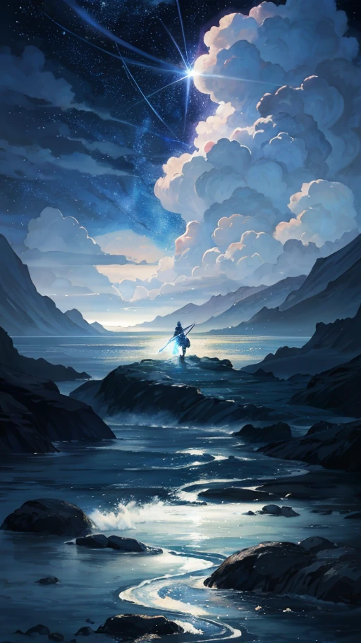 A painting of a river with stars and moon in the sky, a ship passing by, menina pirada,cabelos ruiva enfaixado, pele queimada de sol, morena,, arte conceitual inspirada em Tosa Mitsuoki, vencedor do concurso pixiv, melhor qualidade, arte de fantasia, bela cena de anime, uma lua brilhante, ambiente estrelado ao luar, pintura de sonho, Anime Background Art, Fantasy Landscape Art, Fantasy Night, Anime Background, Background Artwork, Fantastic Art, atmospheric anime, Starry Sky, Detalhe Aprimorado.
