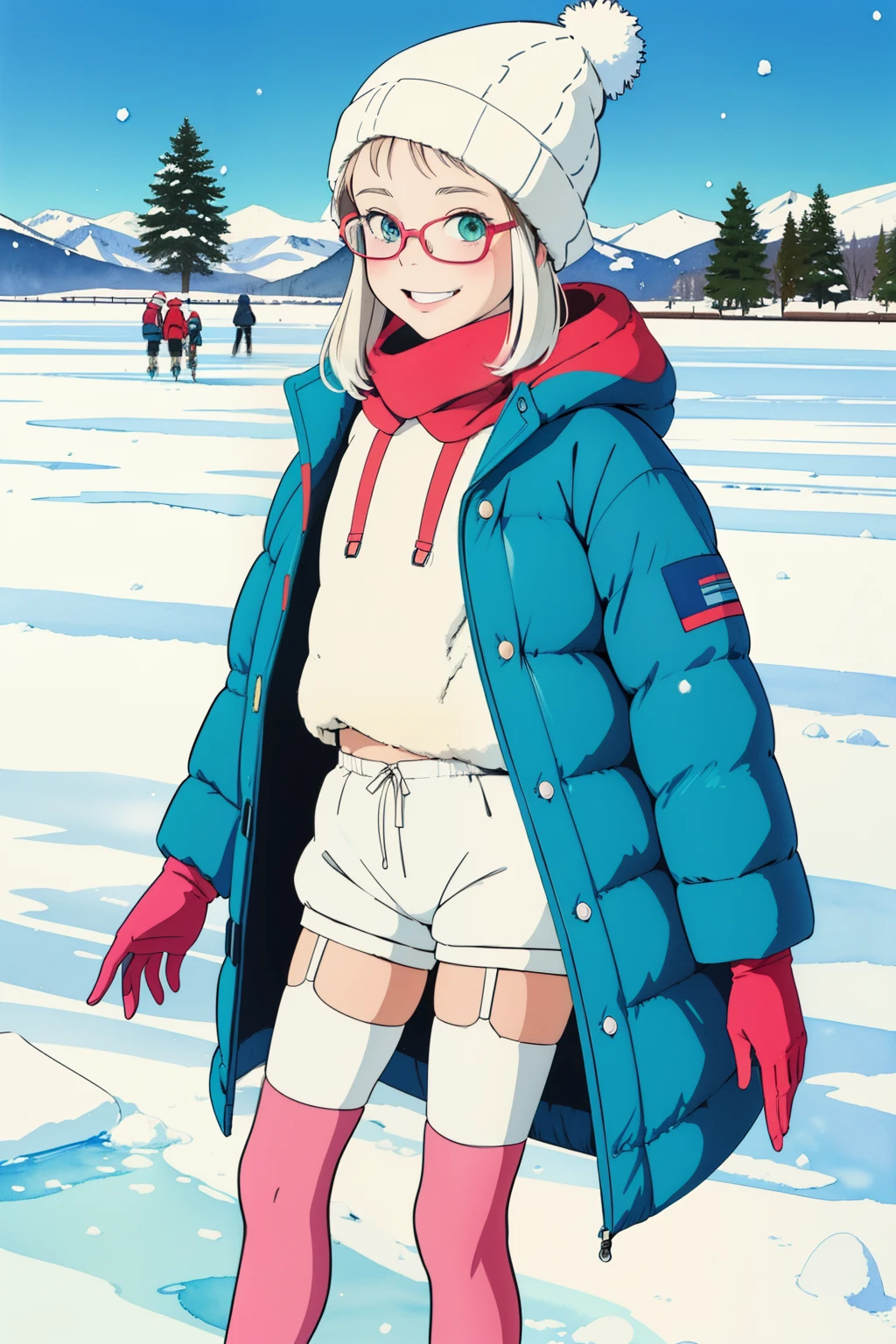 (superflat, flat shading, flat colors), 1girl, , loliild, thick, curvy, down jacket, (white panties shorts, stockings, garter belt), no skirt, glasses, winter hat, (ice skates), smile, awkward, blush, winter, snow, bright, vibrant colors, watercolor, ghibli style