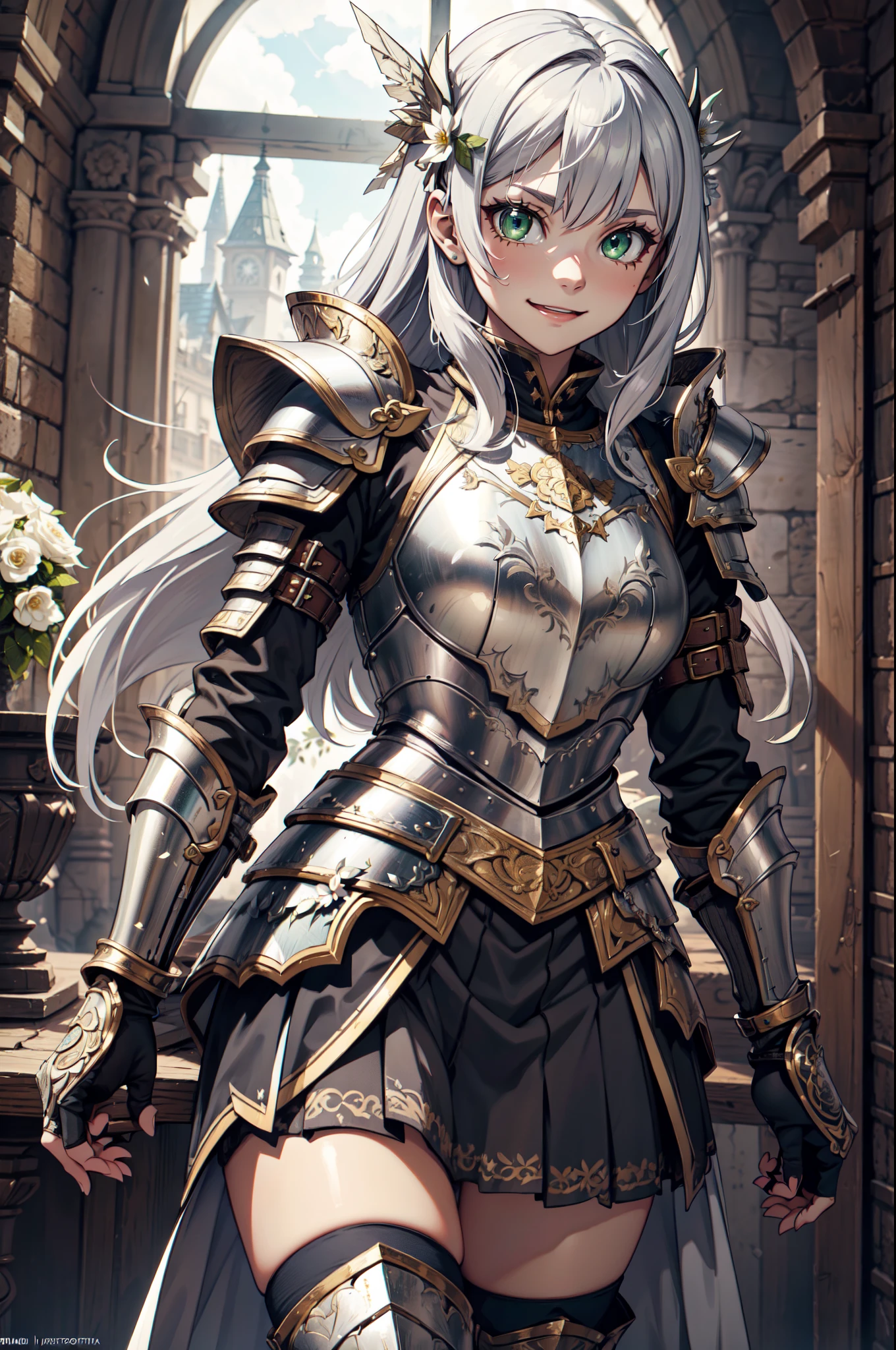 Ultra High Definition,
Ultra High Quality,
Hyper Definition,
Hyper Quality,
Hyper Detailed,
Extremely Detailed,
Perfectly Detailed,
8k,
1 Anime Female,
Long Silver Hair,
Full Body Armor, Skirt
Solid Green Eyes, Sword in Sheath
Cheerful Expression, White Flower Barrette
Armored With Full Plate Armor, Leg Armor
Town Background