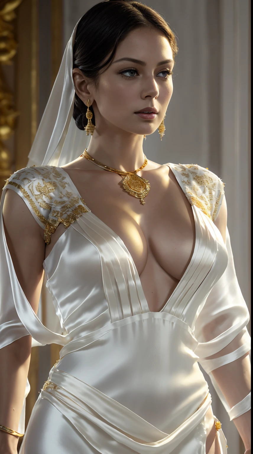 Photorealistic Production, (Realistic Image of a beautiful woman (Morena Baccarin:Alyssa Sutherland:0.5)), (Athletic Body:1.4), (Detailed Skin:1.2), (Wearing a Plunging White Ornated Kebaya Dress with Silk Cloth and Golden Jeweleries:1.6), (Sly Face), (Deep Cleavage), (Various Poses:1.6), Centered, From Front Shot, Intricately Detailed, Intricate Face Detail, Intricate Hand Details, Cinematic Shot and Lighting, Realistic Colors, Masterpiece, Sharp Focus, Ultra Detailed, Taken with DSLR camera, Realistic Photography, Depth of Field, Incredibly Realistic Environment and Scene, Master Composition and Cinematography, ((lifting up her dress))