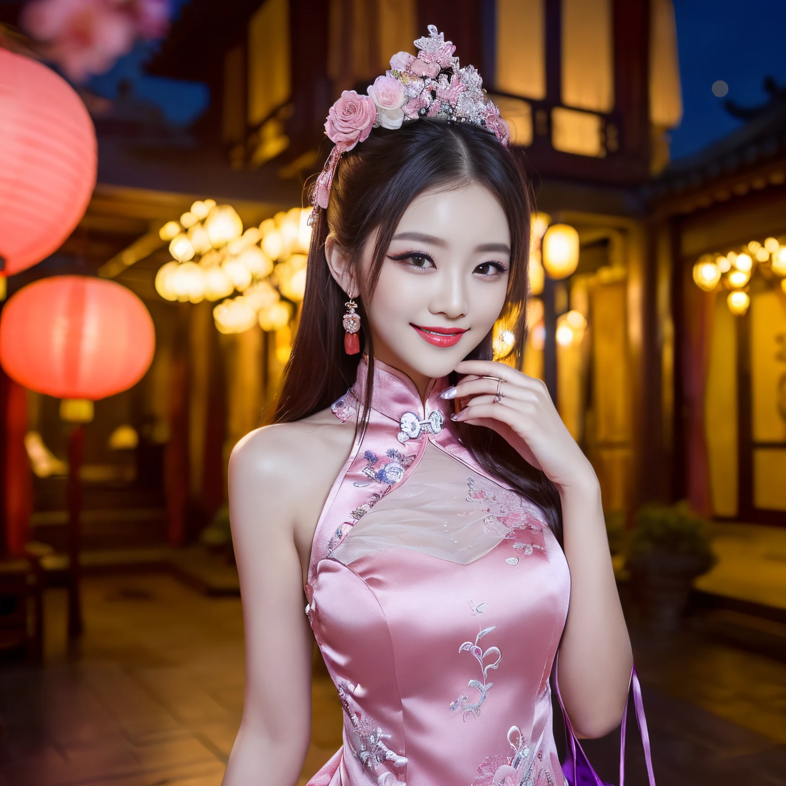 ((top-quality、masutepiece、8K、Top image quality、Highly complex and detailed depictions))、(Upper body photo of Chinese prostitute:1.5)、Chinese garrison house at night、((The most gorgeous Chinese prostitute costume、the most luxurious and luxurious、China's most gorgeous garrison、An unimaginably luxurious garrison、A gurihouse shining in purple and pink、purple and pink lanterns、A very ornate and huge garrison house in the background、A garrison house full of sexiness in the middle of the night、Very complex decoration、Very clear garrison))、(View me、Bewitching smile、Perfect makeup、long eyelashes、pink lipsticks、Pink eyeshadows、perfect anatomia、Biggest smile)