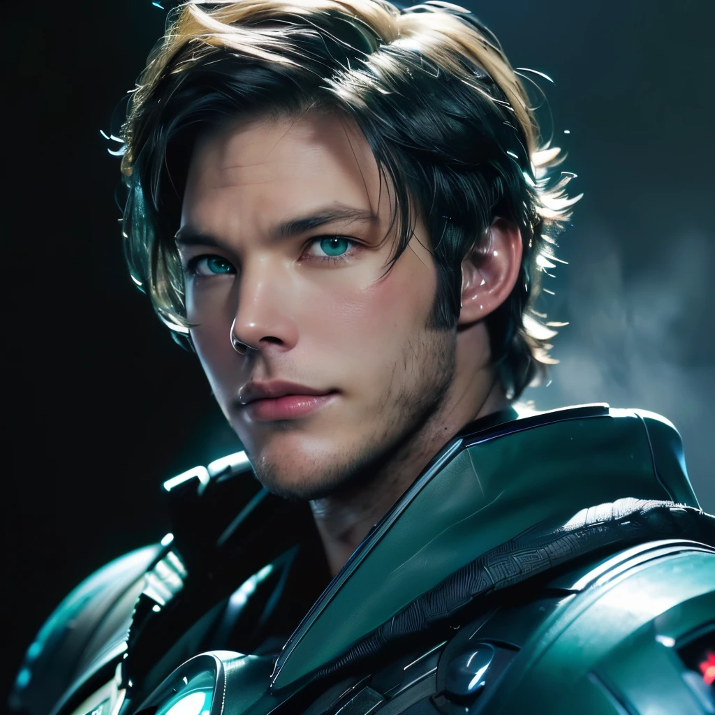 ((masterpiece)), 8k cg, best quality, intricate details, chromatic aberration, close up, ((bust shot)), ((looking at the viewer)), realism, 1man, (((background(((dark background)), fog)), Caucasian, young face, skinny face, muscular face, facial hair, wide jaw, square face, mature face, chiseled face, smile, closed mouth, (((sea green eyes))), shaggy hair((black hair)), long bangs, (starlord suit, black cybernetic suit), (chris pratt), muscular body