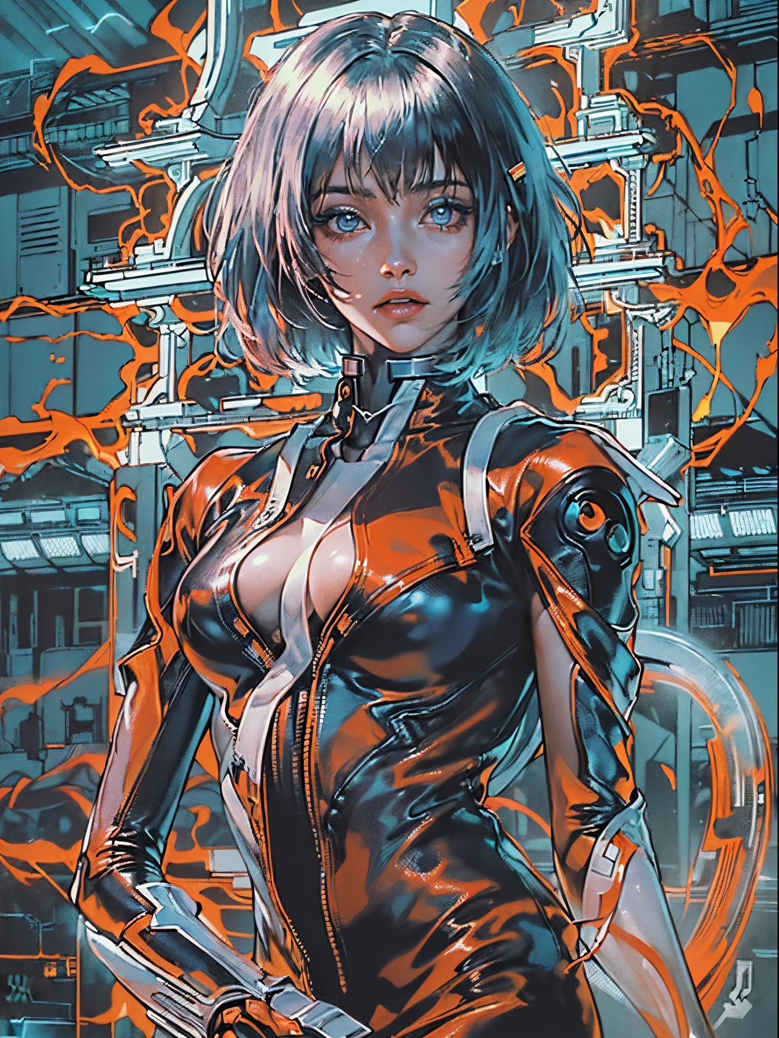 (((mulher))), (((melhor qualidade))), (((obra prima))), (((Ginóide))), (((1girl))), (((pele de metal))), (((neon genesis evangelion)), (((1girl))), A futuristic gynoid game girl with high-tech exo-skeleton and a complex look, Mulher de 18 anos com corpo perfeito, rosto limpo, ((( tight blue, red and white clothes in metallic colors ))), (((look preto com estampa xadrez vermelha e branca ))), Quase nova no estilo selvagem urbano de Hajime Sorayama para a capa da revista Heavy Metal, Spectacular futuristic graphics, Minimum clothing, (((metallic black body))), (((do joelho pra cima))), ((( short hair cuts ))), um porto espacial ao fundo, (((auto contraste da personagem com o fundo))), Two-tone lighting, film granulation, Cyberworld, Acrylic Comix, Sorayama, ShioriBase, split-color hair, hair ornament, choker, black dress with white ribbon, black jacket, fur trim, belt, asymmetrical legwear