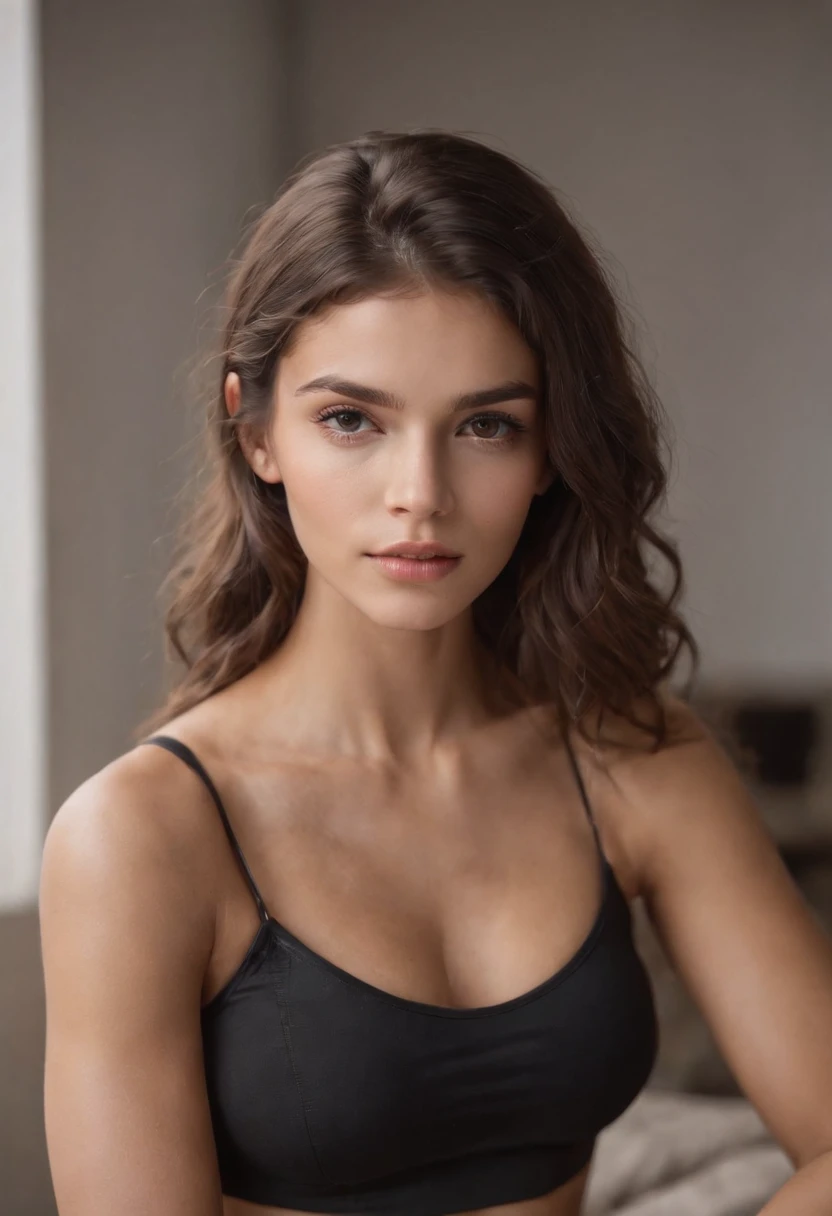 sexy woman, 20years old, Slim, Sport, shiny tanned skin, abs on the stomach , Strong , Dried.cleavage breasts, Narrow waist, curly dark hair, Kaia Gerber ,  Realistic, photografic, realisitic, natural, Gym, Workout sits in the gym