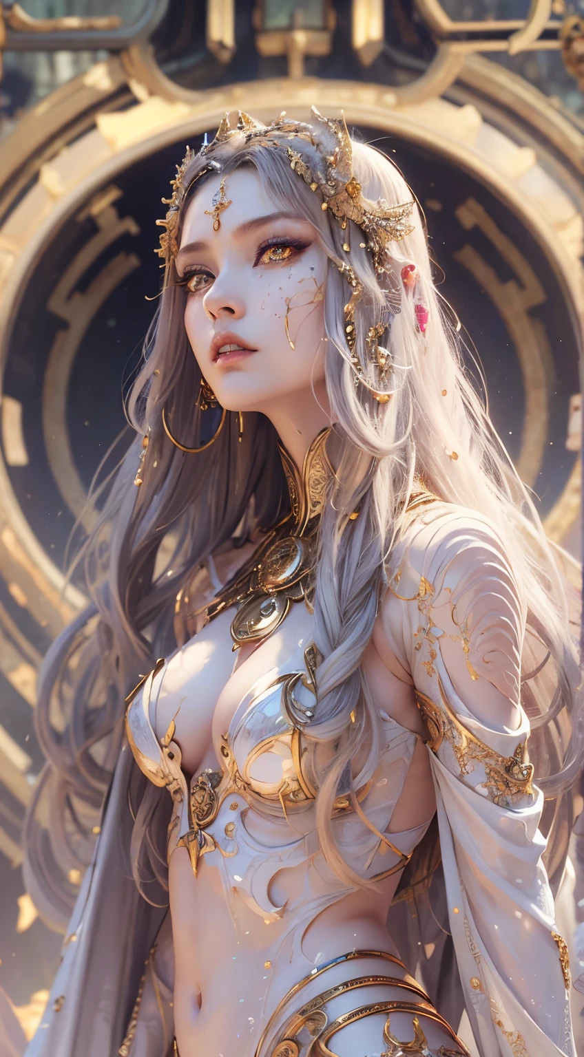 Full body like，（best qualtiy，ultra - detailed，Most Best Illustration，Best shadow，tmasterpiece，A high resolution，professionalartwork，famousartwork），Detailed eyes，beautidful eyes，closeup cleavage，sci-fy，colored sclera，yellow eyes，largeeyes，Wide eyes，（Eye focus），sface focus，goddes。extremly high detail，3 d goddess portrait，Extremely detailed footage of the goddess，a stunning portrait of a goddess，Full body close-up portrait of the goddess，hecate goddess，portrait of a norse moon goddess，goddess of space and time，(RAW photo:1.2)，camel-toe，Hollow-out on，sweat leggs，White liquid， Smooth pink skin, shiny metallic glossy skin, Shiny, 　spread their legs　M-shaped legs，angry look，sullenness，Irritated，white liquid all over body，Full body