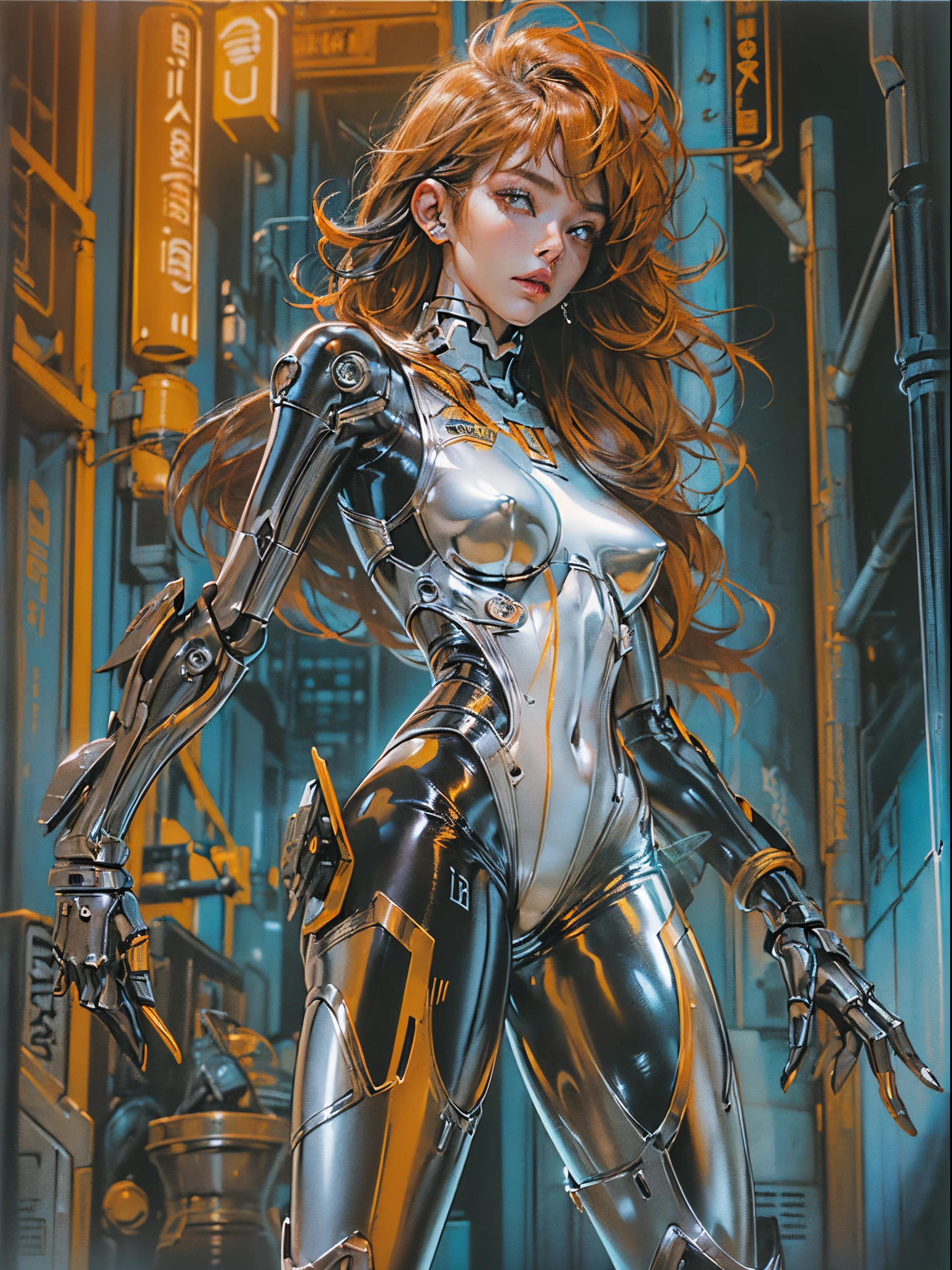 (((mulher))), (((melhor qualidade))), (((obra prima))), (((Ginóide))), (((1girl))), (((pele de metal))), (((neon genesis evangelion)), (((1girl))), A futuristic gynoid game girl with high-tech exo-skeleton and a complex look, Mulher de 18 anos com corpo perfeito, rosto limpo, ((( tight clothes in metallic colors ))), (((look preto com estampa xadrez vermelha e branca ))), Quase nova no estilo selvagem urbano de Hajime Sorayama para a capa da revista Heavy Metal, Spectacular futuristic graphics, Minimum clothing, (((metallic black body))), (((do joelho pra cima))), ((( short hair cuts ))), um porto espacial ao fundo, (((auto contraste da personagem com o fundo))), Two-tone lighting, film granulation, Cyberworld, Acrylic Comix, Sorayama