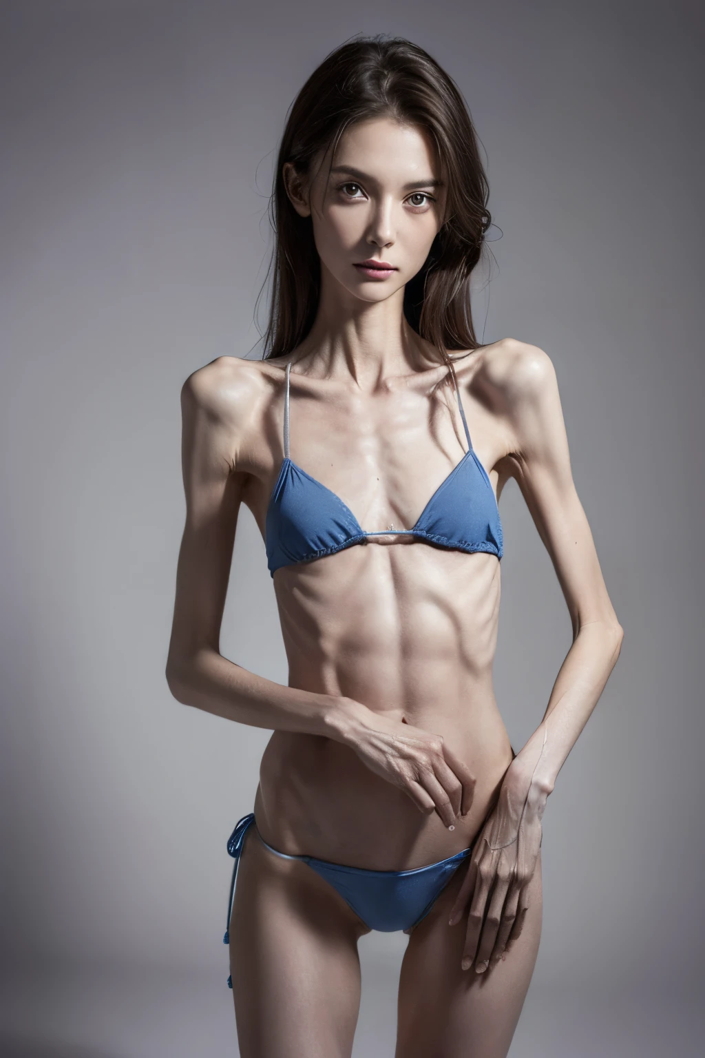 (best quality,highres:1.2),ultra-detailed,realistic, anorexic skeletal and extremely skinny female model wearing a tiny blue bikini looking extremely frail and weak, full body photograph,anorexic figure, emaciated figure, starving dainty figure, defined ribs, skeletal body, emaciated body, tiniest waist ever, masterpiece, anatomically correct, textured skin, super detail, high details, high quality, best quality