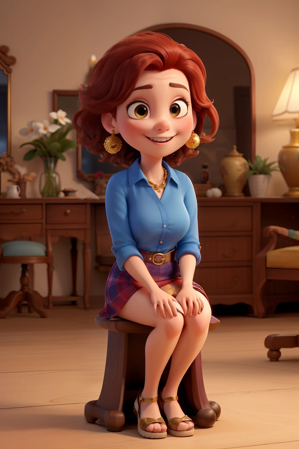 disney pixar design, woman with a white skin and big brown eyes, and a big smile, extremely short red hair, wearing royal a sexy blue blouse with thin straps. She is sitting in a hair salon armchair, right next to a golden decorative vase styled like an amphora with white Astromélia flowers. On her right side a mirror with a classic gold frame and a square glass vase with an arrangement of white orchids. She is also wearing earrings with tangled golden spheres.