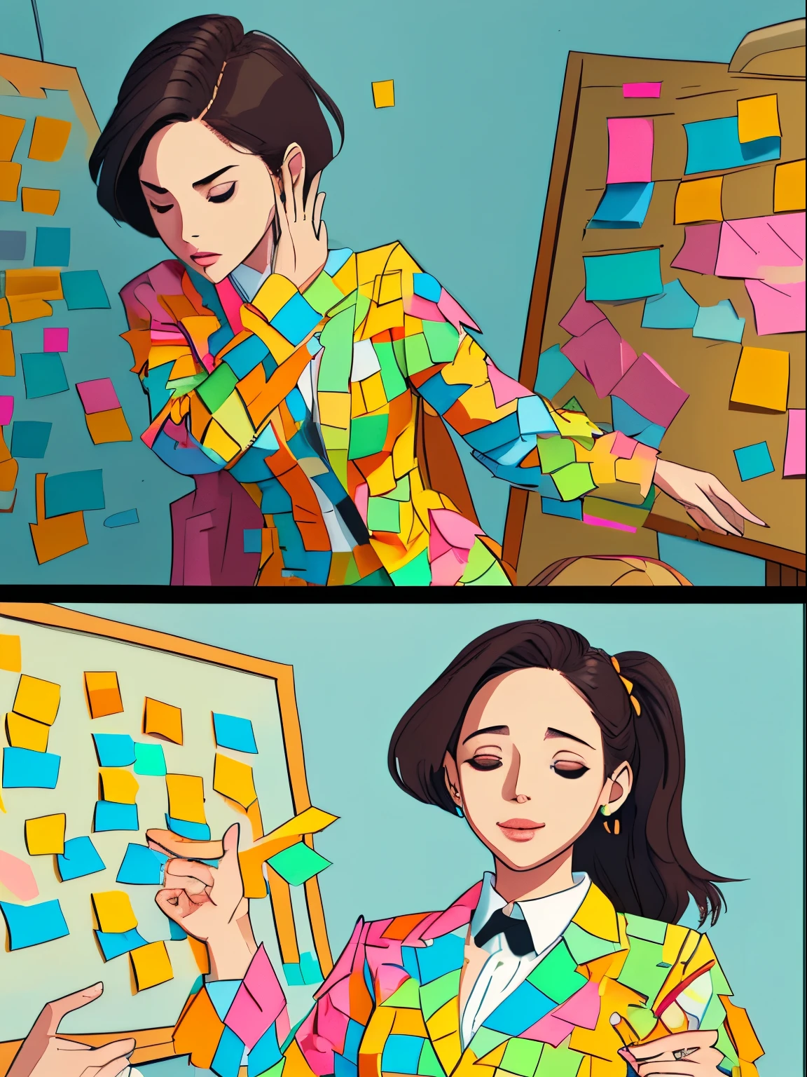 masterpiece, postitsfashion, made of post-its, DrakePostingMeme, upper body, 1 woman, office, business suit