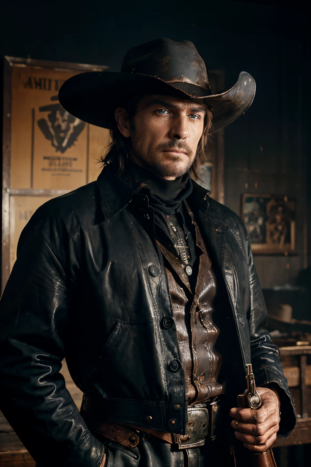 (((masterpiece))), poster in dark colors in the style of westerns of the 60s, a harsh robot cowboy, a mechanical face, a mechanical body, a leather raincoat, blue eyes, a cowboy hat on his head, a look from under his brows, holds a revolver in his hand near his face