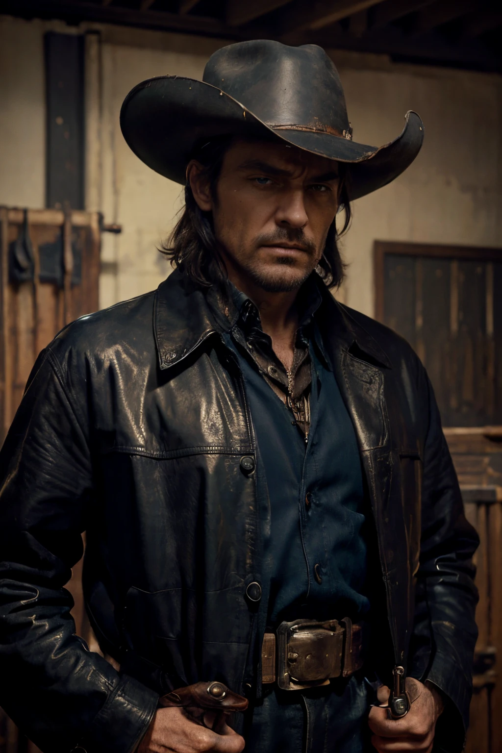 (((masterpiece))), poster in dark colors in the style of westerns of the 60s, a harsh robot cowboy, a mechanical face, a mechanical body, a leather raincoat, blue eyes, a cowboy hat on his head, a look from under his brows, holds a revolver in his hand near his face