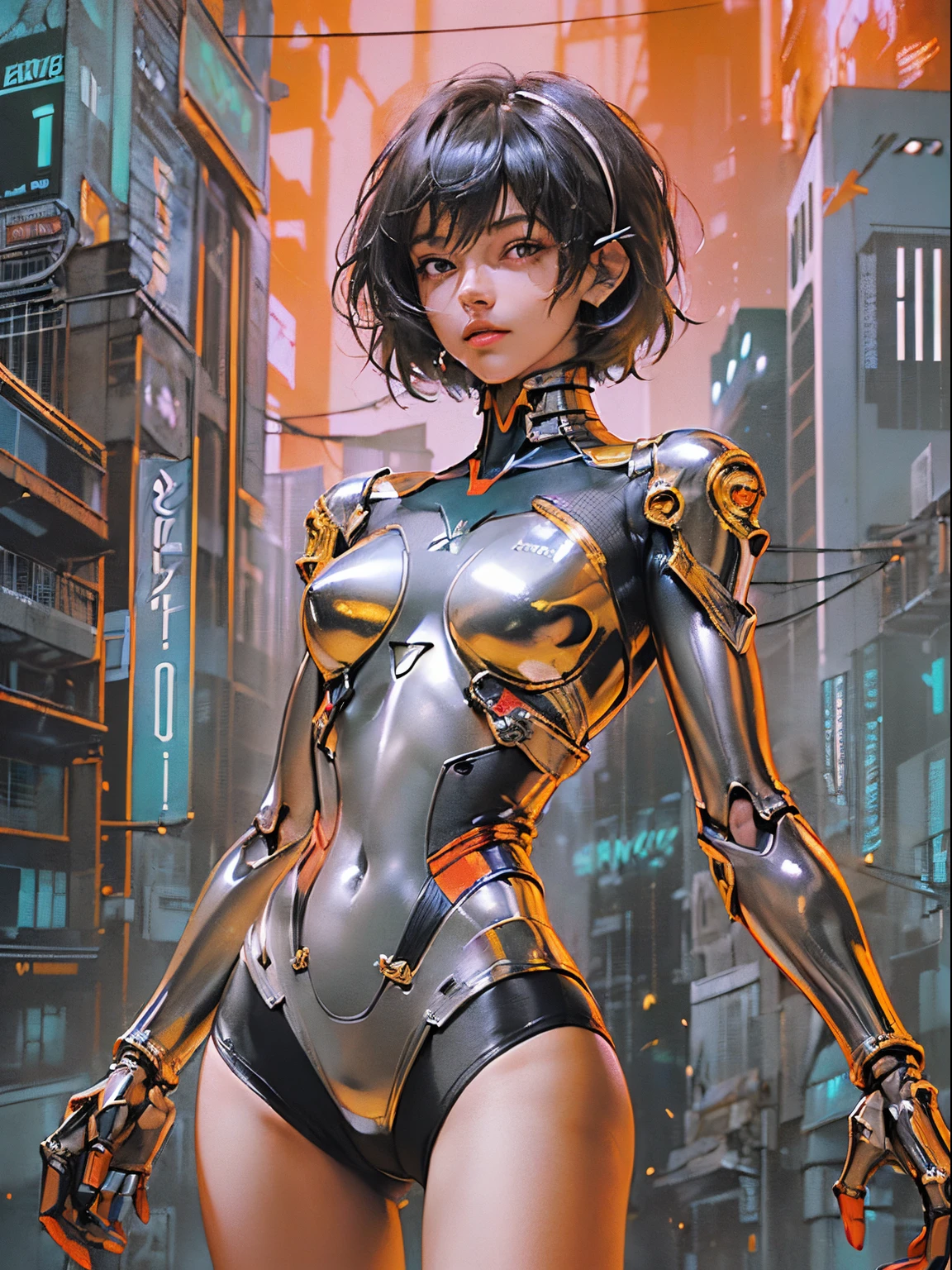 (((mulher))), (((melhor qualidade))), (((obra prima))), (((Ginóide))), (((1girl))), (((pele de metal))), (((neon genesis evangelion)), (((1girl))), A futuristic gynoid game girl with high-tech exo-skeleton and a complex look, Mulher de 18 anos com corpo perfeito, rosto limpo, ((( tight clothes in metallic colors ))), (((look preto com estampa xadrez vermelha e branca ))), Quase nova no estilo selvagem urbano de Hajime Sorayama para a capa da revista Heavy Metal, Spectacular futuristic graphics, Minimum clothing, (((metallic black body))), (((do joelho pra cima))), ((( short hair cuts ))), um porto espacial ao fundo, (((auto contraste da personagem com o fundo))), Two-tone lighting, film granulation, Cyberworld, Acrylic Comix, Sorayama