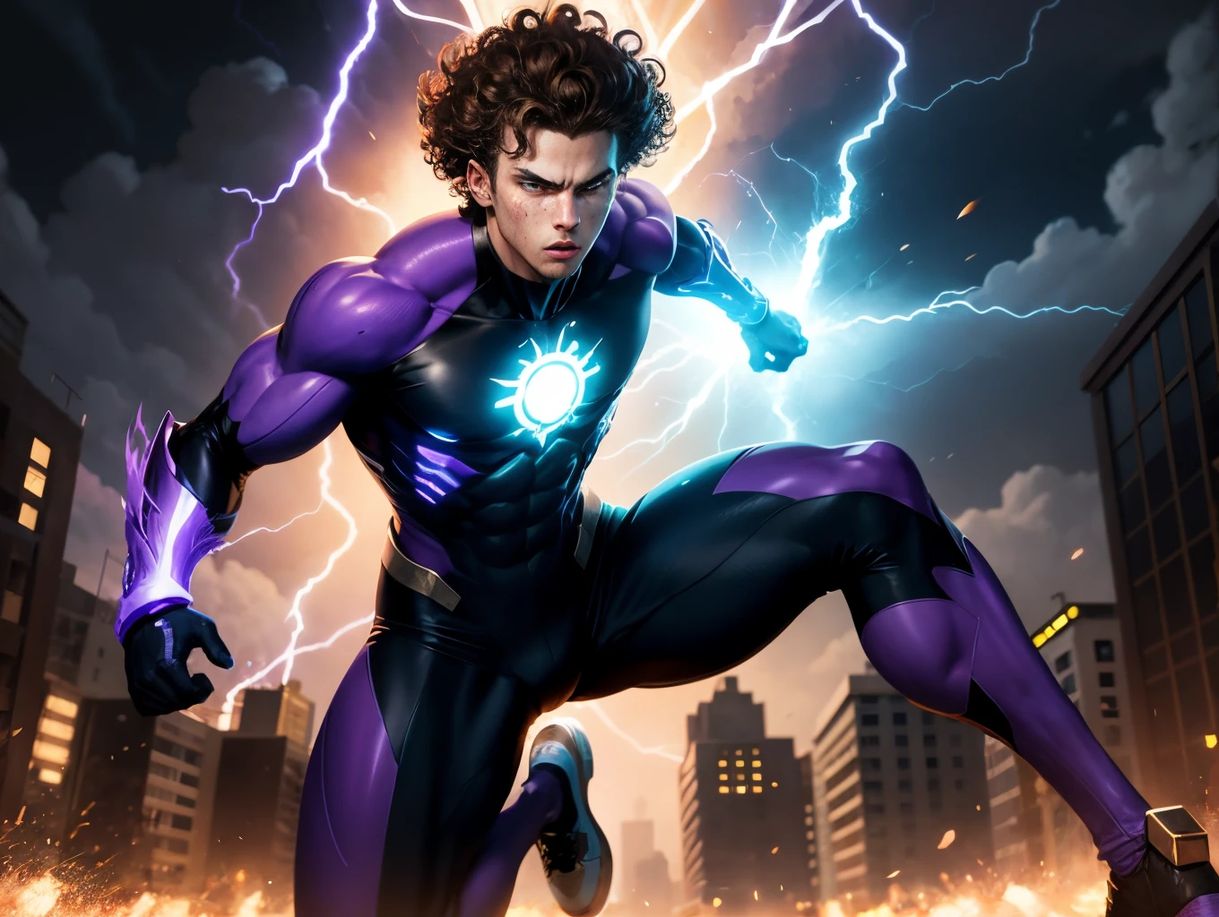 american white teenage boy, brunette curly hair, blue eyes, slim body, has abilities elemental, wearing super suit purple combine black, using shadow, and thunder power with black and purple aura, glowing eyes white purple, fighting there a blood, serious, blood, jump on to building, fish eyes angle, background destroye city with people running.