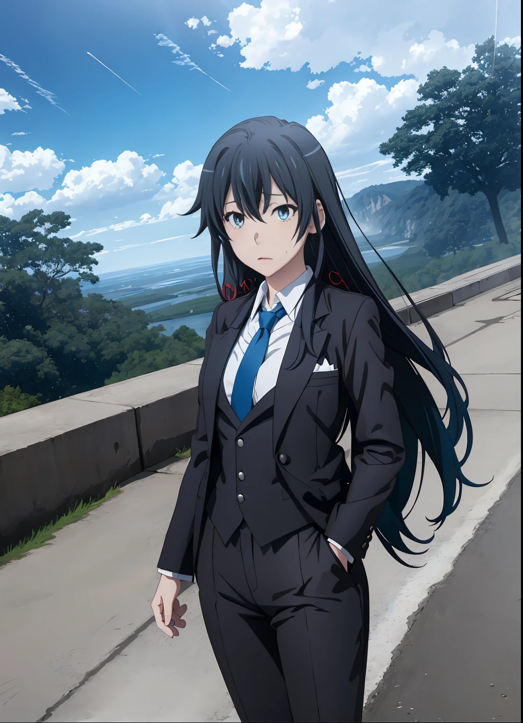 1girl,solo,yukinoshita yukino,breasts, epic art, breasts, epic art, 1girl, solo, looking_at_viewer, lying, tuxedo , indoors, pants , shorts, jacket, tailcoat formal , breasts, blue necktie _lips, "long shot scenic professional photograph of {prompt}, perfect viewpoint, highly detailed, wide-angle lens, hyper realistic, with dramatic sky, polarizing filter, natural lighting, vivid colors, everything in sharp focus, HDR, UHD, 64K", anime coloring, anime screencap, sweating, steaming body, fog