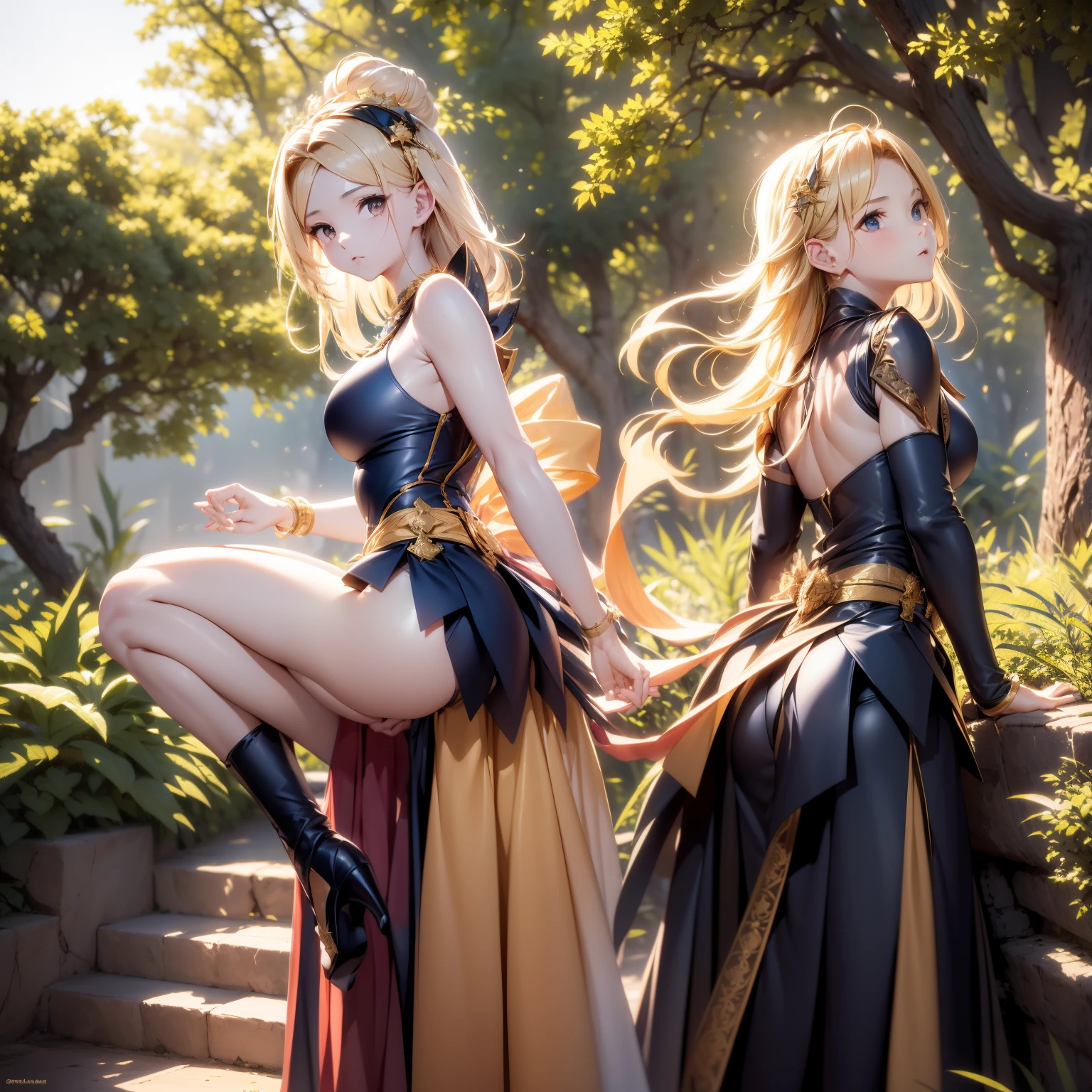 (obra maestra、highest qualityr、Detalles intrincados、El ultra-detallado、Ultra calidad、high resolusion、Las mejores sombras、The best lighting、4k) Once palabras clave: El cabello es dorado Beautiful blonde Longevity and immortality Beautiful figure Outstanding skills Harmony with nature Noble culture Ancient races Fantasy works Role-playing games Beauty and elegance Dark wizard girl Magical talent Hembras una chica de belleza mistic Criaturas ficticias Vestidos transparentes antiguos The buttocks are seen through a cuatro patas emphasis on the buttocks Sit with a beautiful back Looking back. Dark magician girl en un paisaje chino
