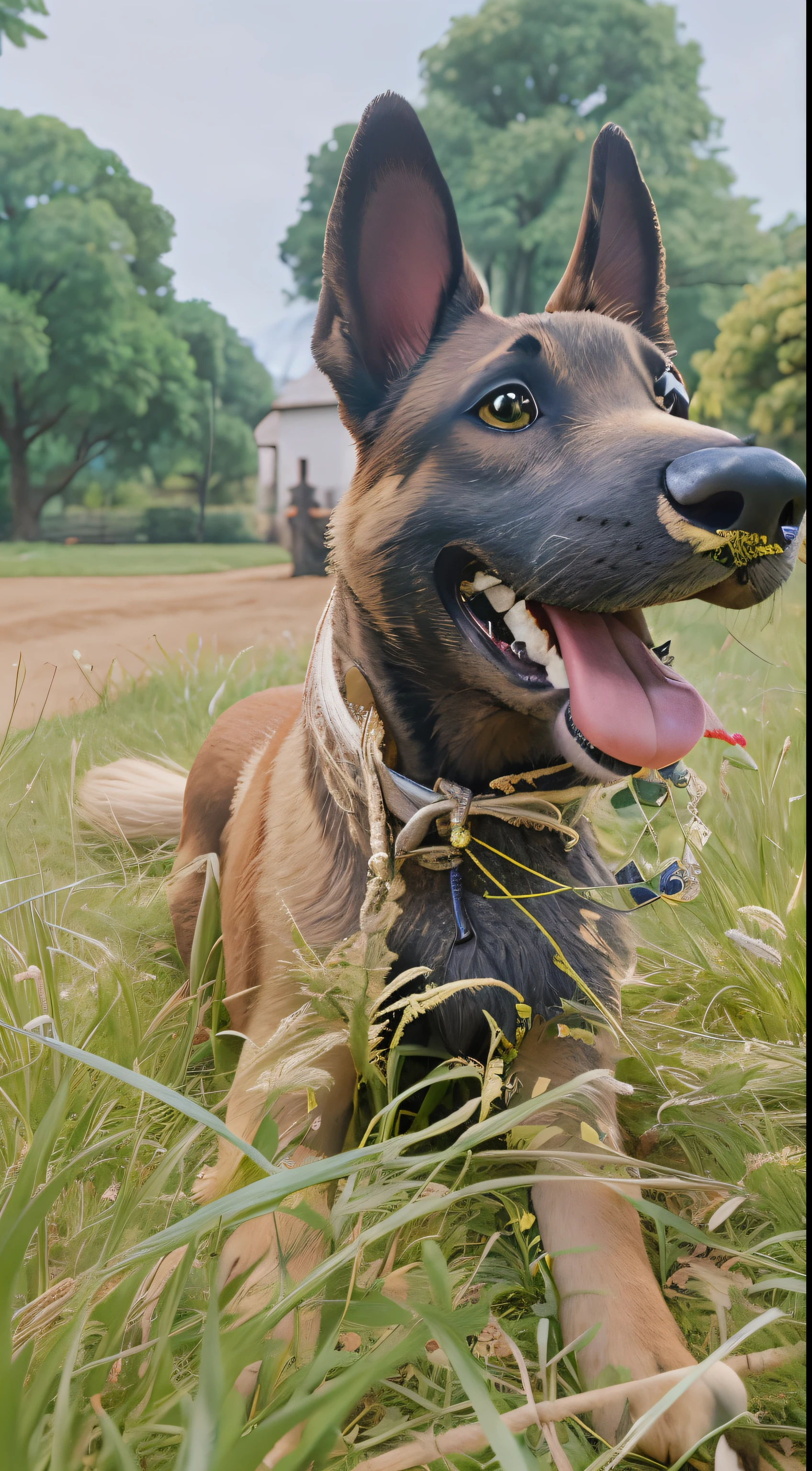There is a dog that is lying on the grass with its mouth open, um bonito, alsatian, looking away from camera, meio tiro de um hunky, Looking away from the camera, muito bonito, 2 anos, extremamente bonito, retrato ampliado de um duque, foto modo retrato, feliz com a boca aberta, Directed by: Robert Zünd