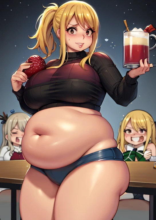 fat, Lucy heartfilia, big belly, obese, blonde hair, sweater, Christmas, table with food
