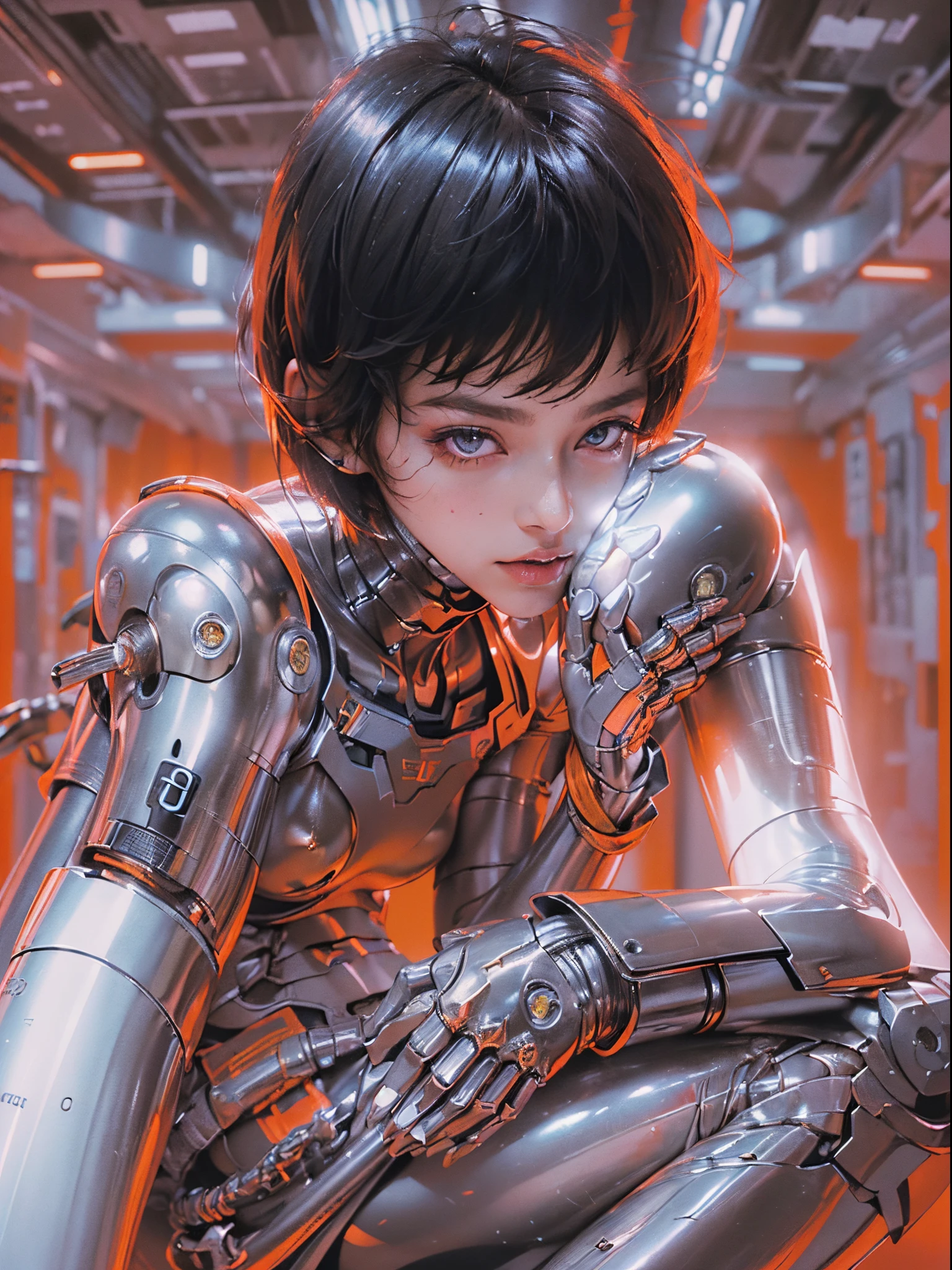 (((mulher))), (((melhor qualidade))), (((obra prima))), (((Ginóide))), (((1girl))), (((pele de metal))), (((neon genesis evangelion)), (((1girl))), A futuristic gynoid game girl with high-tech exo-skeleton and a complex look, Mulher de 18 anos com corpo perfeito, rosto limpo, ((( tight clothes in metallic colors ))), (((look preto com estampa xadrez vermelha e branca ))), Quase nova no estilo selvagem urbano de Hajime Sorayama para a capa da revista Heavy Metal, Spectacular futuristic graphics, Minimum clothing, (((metallic black body))), (((do joelho pra cima))), ((( short hair cuts ))), um porto espacial ao fundo, (((auto contraste da personagem com o fundo))), Two-tone lighting, film granulation, Cyberworld, Acrylic Comix, Sorayama